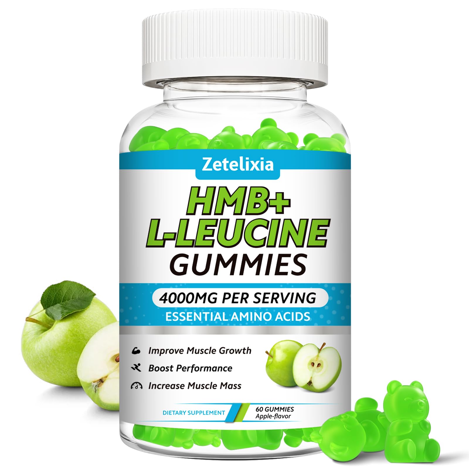 Zetelixia HMB and L-Leucine Gummies, 4000mg HMB and Leucine Supplements, Apple Flavor, Sugar-Free, Vegan, 60 Count