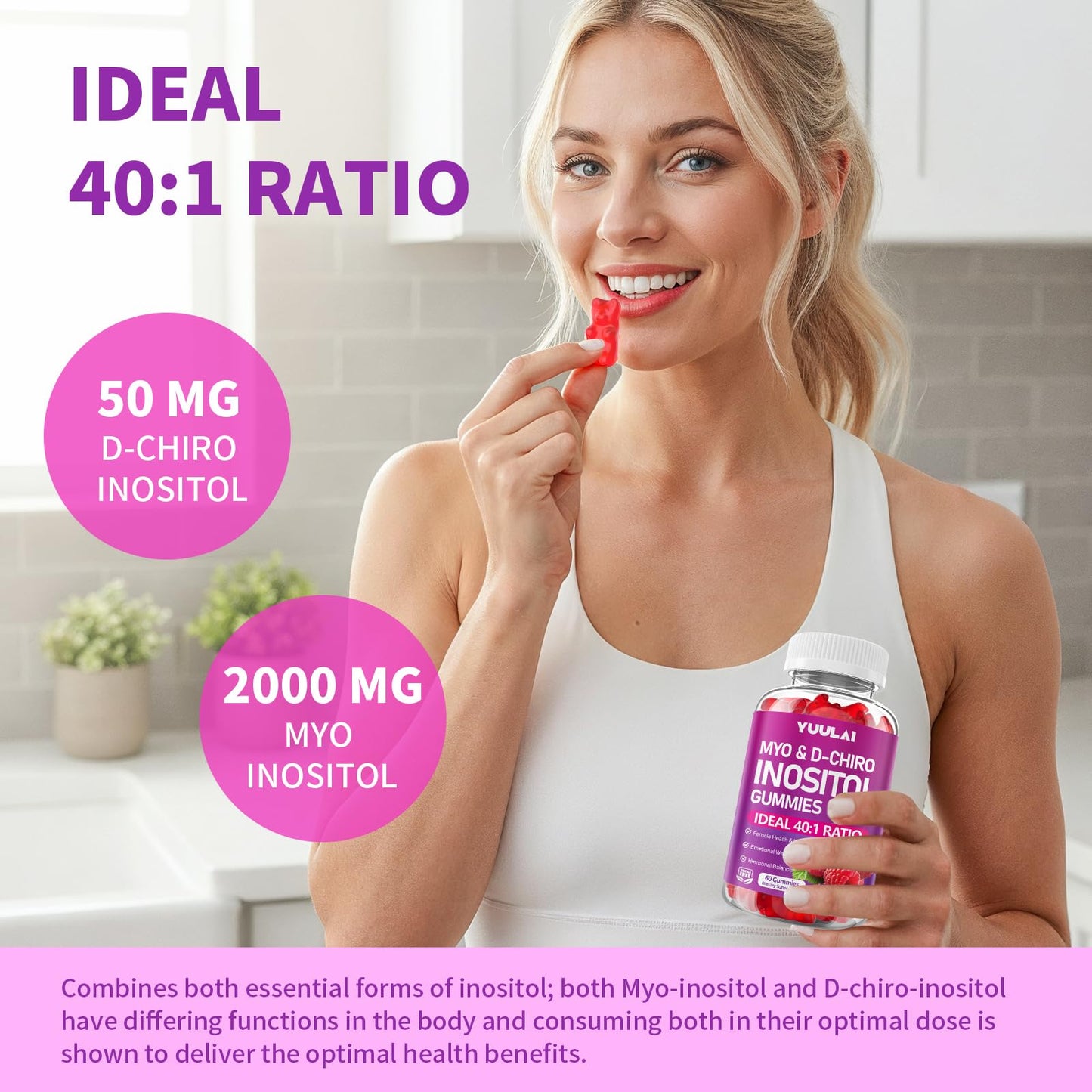 YUULAI Myo-Inositol & D-Chiro Inositol Gummies, 40:1 Ratio Inositol Supplement with Vitamin D3, Magnesium Glycinate, Folate & Zinc, Raspberry Flavor, 60 Count