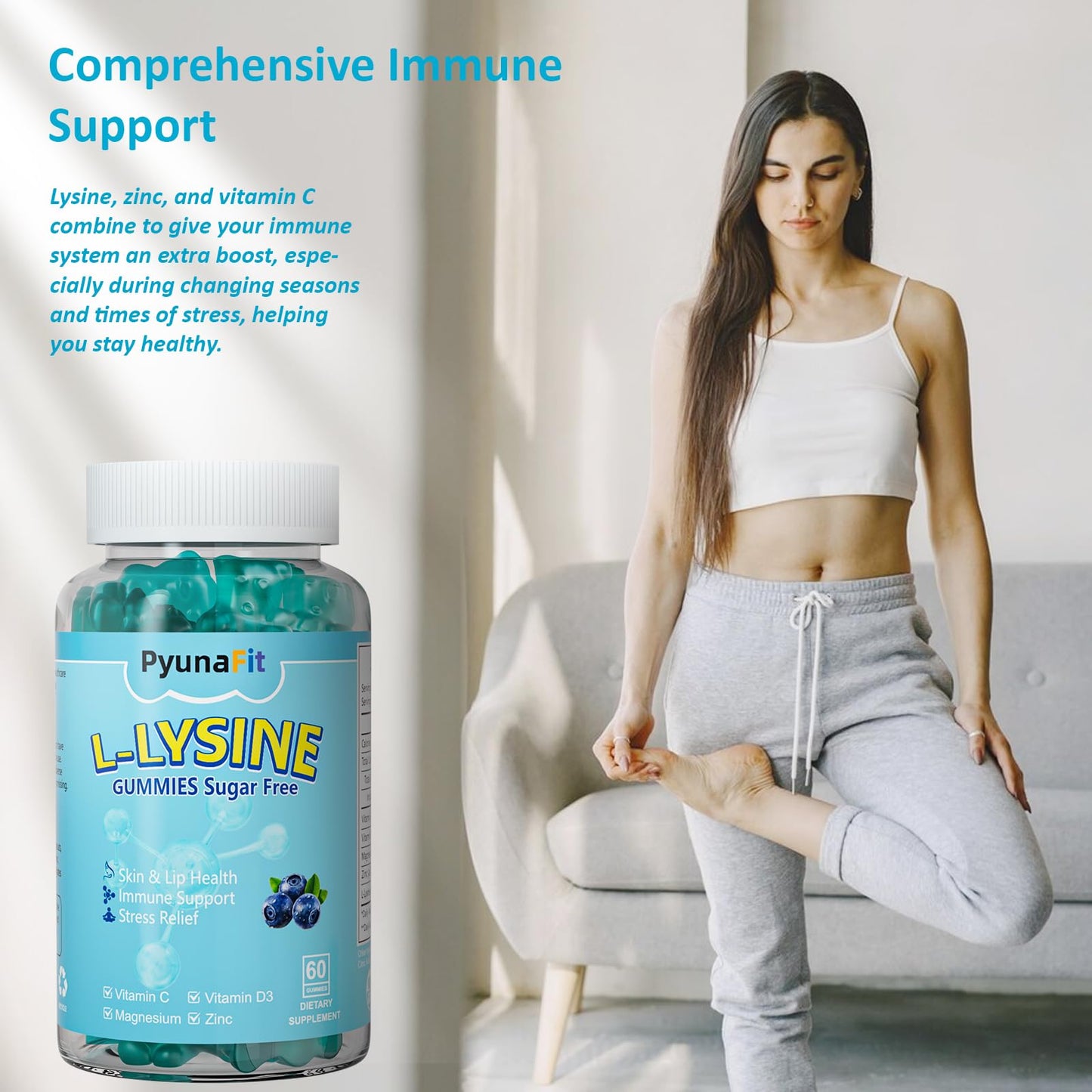 PYUNAFIT L-Lysine Gummies 1000mg, 5 in 1 Extra Strength for Immune Support, Skin & Lip Health, Chewable Lysine Supplement for Kids & Adults, 60 Count