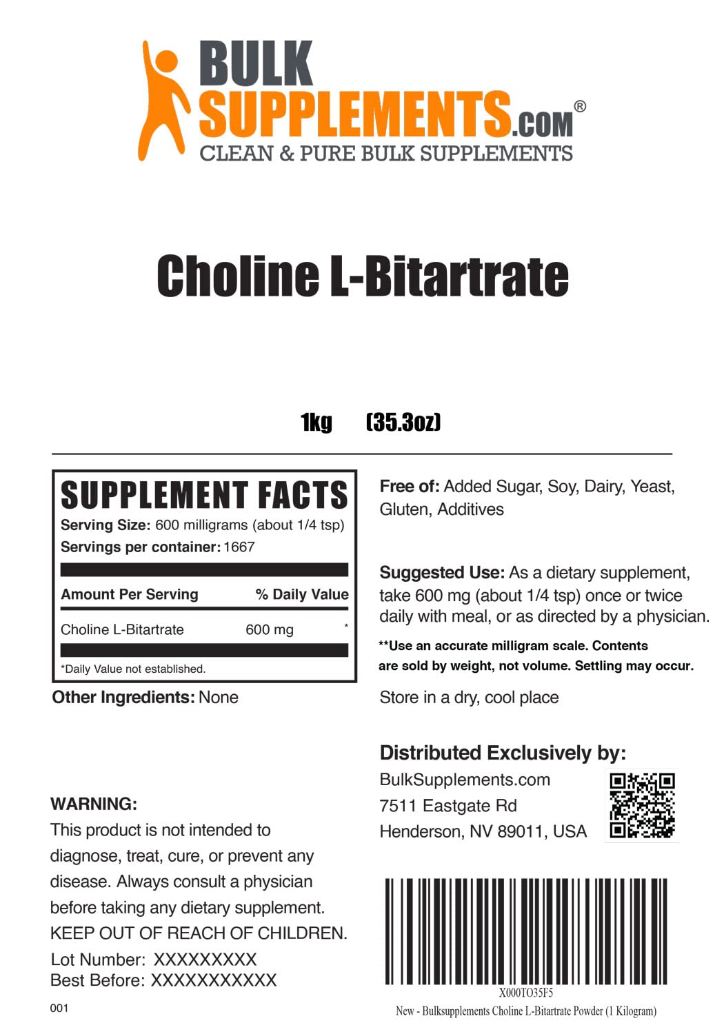 BulkSupplements Choline Bitartrate Powder 2.2 Pound Pack of 5