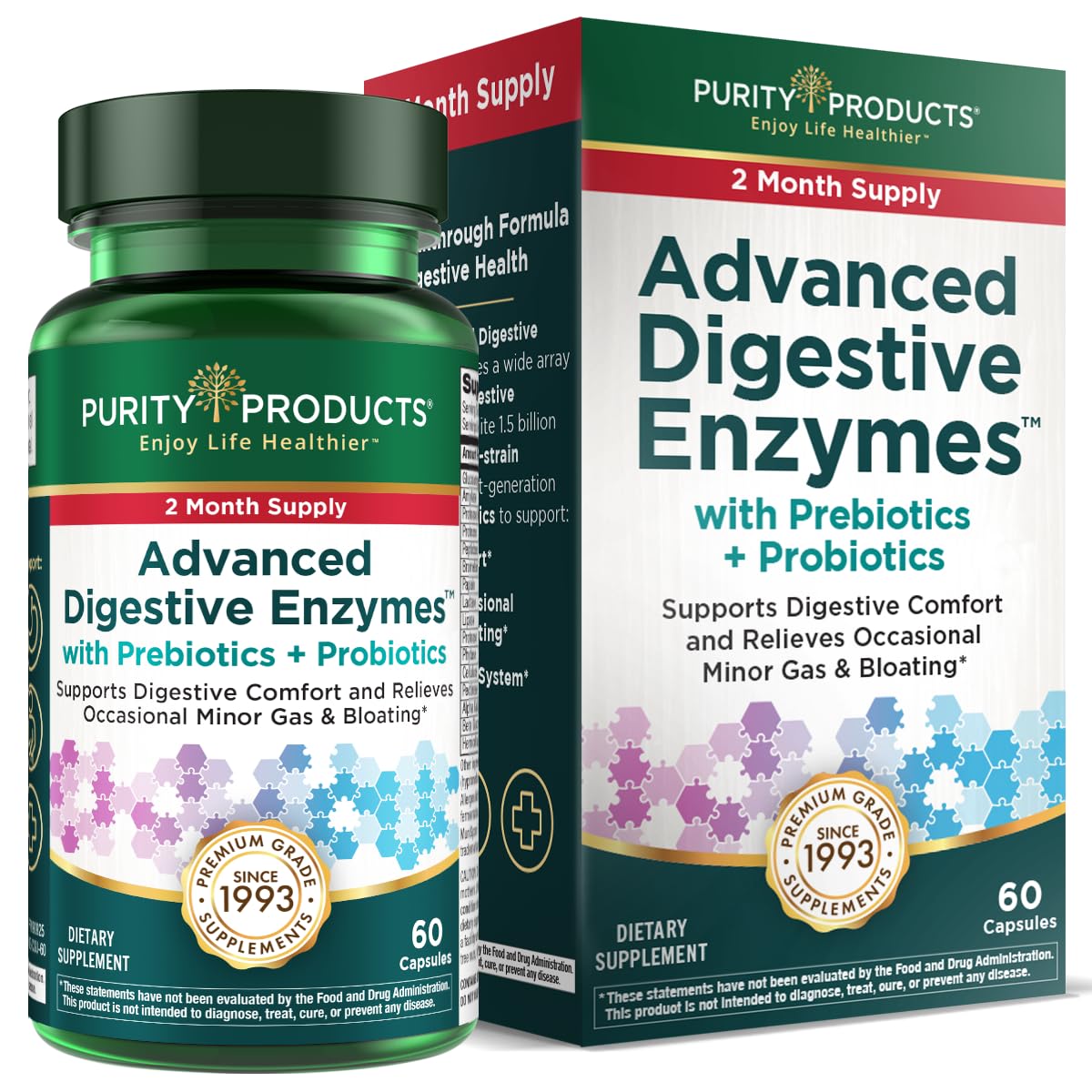 Purity Products Advanced Digestive Enzymes with Probiotics & Prebiotics – Digestive Health Supplement for Bloating, Gas Relief & Gut Support – Plant-Based Enzymes + 1.5B CFUs, 60 Veggie Capsules