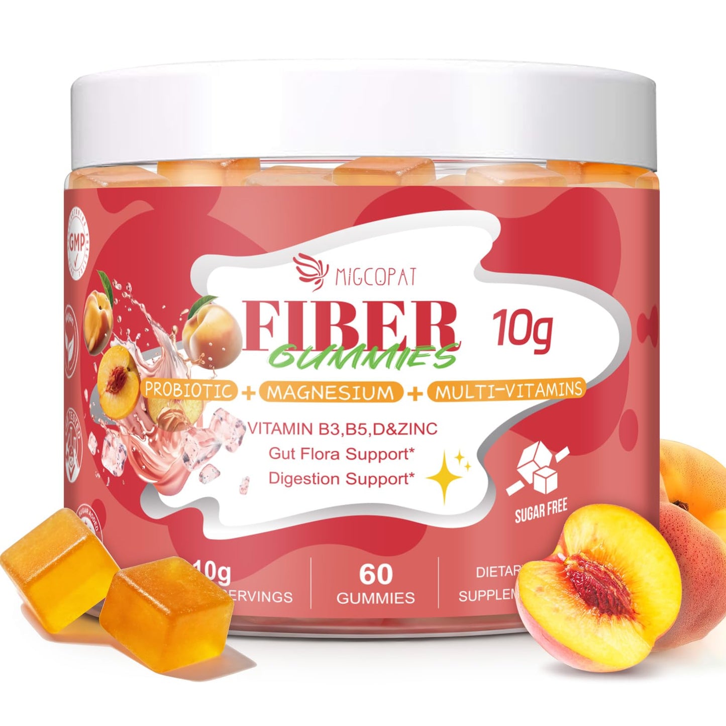 Migcopat 10G Fiber Gummies for Adults with Vitamins C, D, B3, B5 – Probiotic Digestive Health Gummies with 30 Billion CFU Probiotic Blend, Inulin, ACV, Magnesium & Zinc, 60 Count