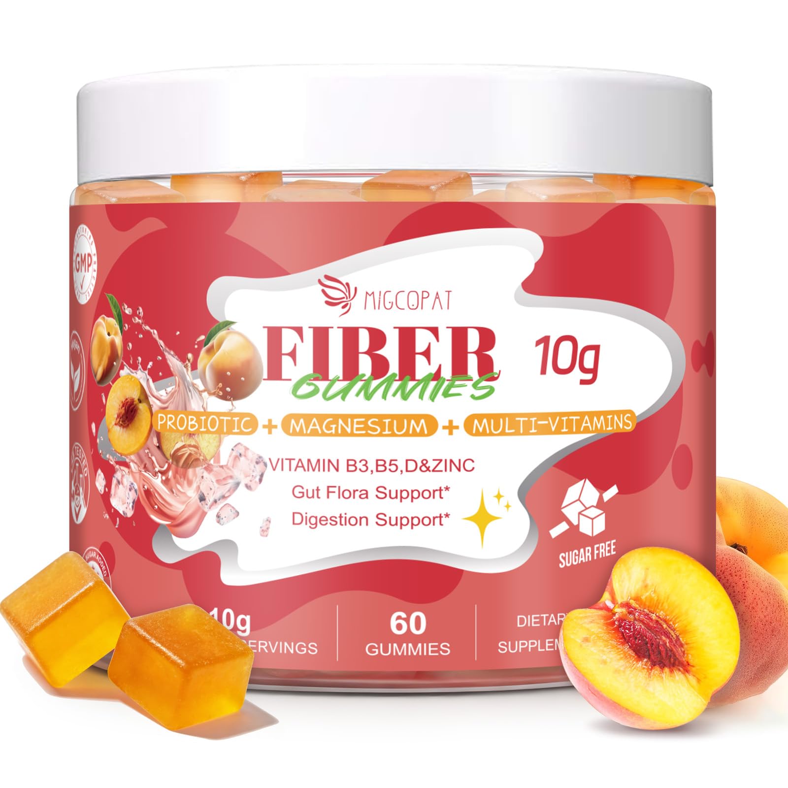 Migcopat 10G Fiber Gummies for Adults with Vitamins C, D, B3, B5 – Probiotic Digestive Health Gummies with 30 Billion CFU Probiotic Blend, Inulin, ACV, Magnesium & Zinc, 60 Count