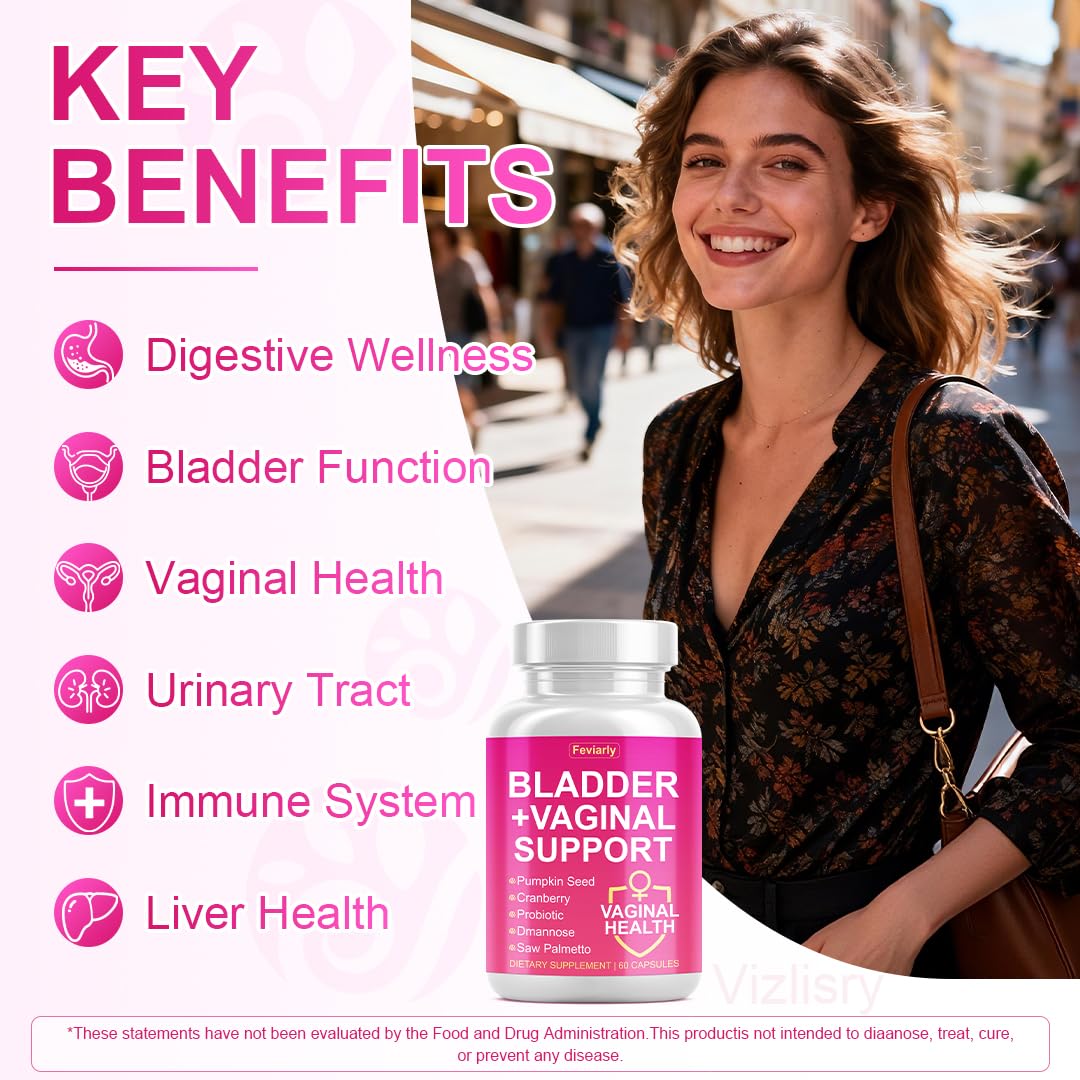 Feviarly Bladder Control Supplement for Women, Daily Urinary & Vaginal Support with Cranberry, Pumpkin Seeds, Probiotics, D-mannose, Saw Palmetto 60 Capsules