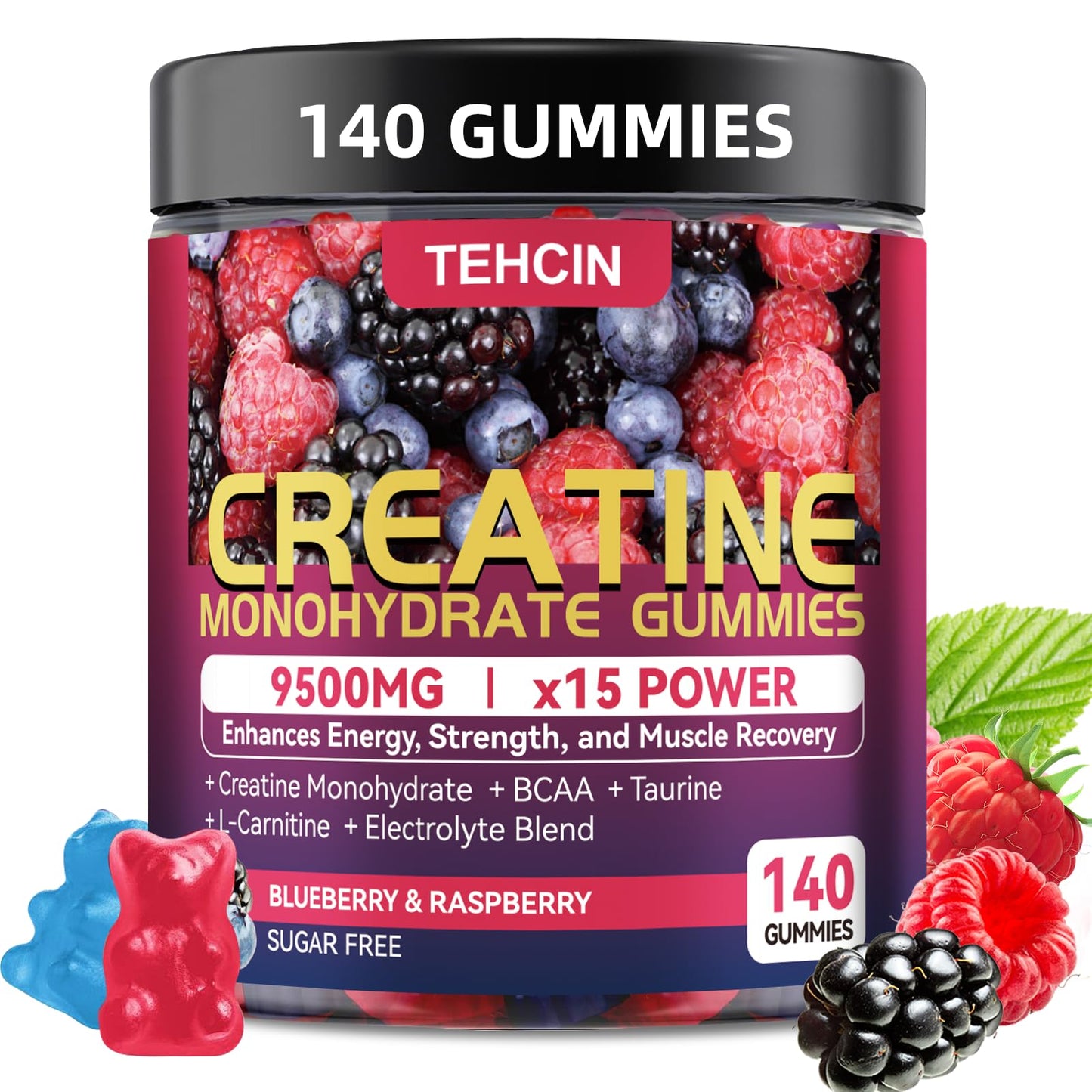 TEHCIN Creatine Monohydrate Gummies Complex 9500mg for Men & Women, with Electrolyte Blend & L-Taurine, Sugar Free, 140 Count