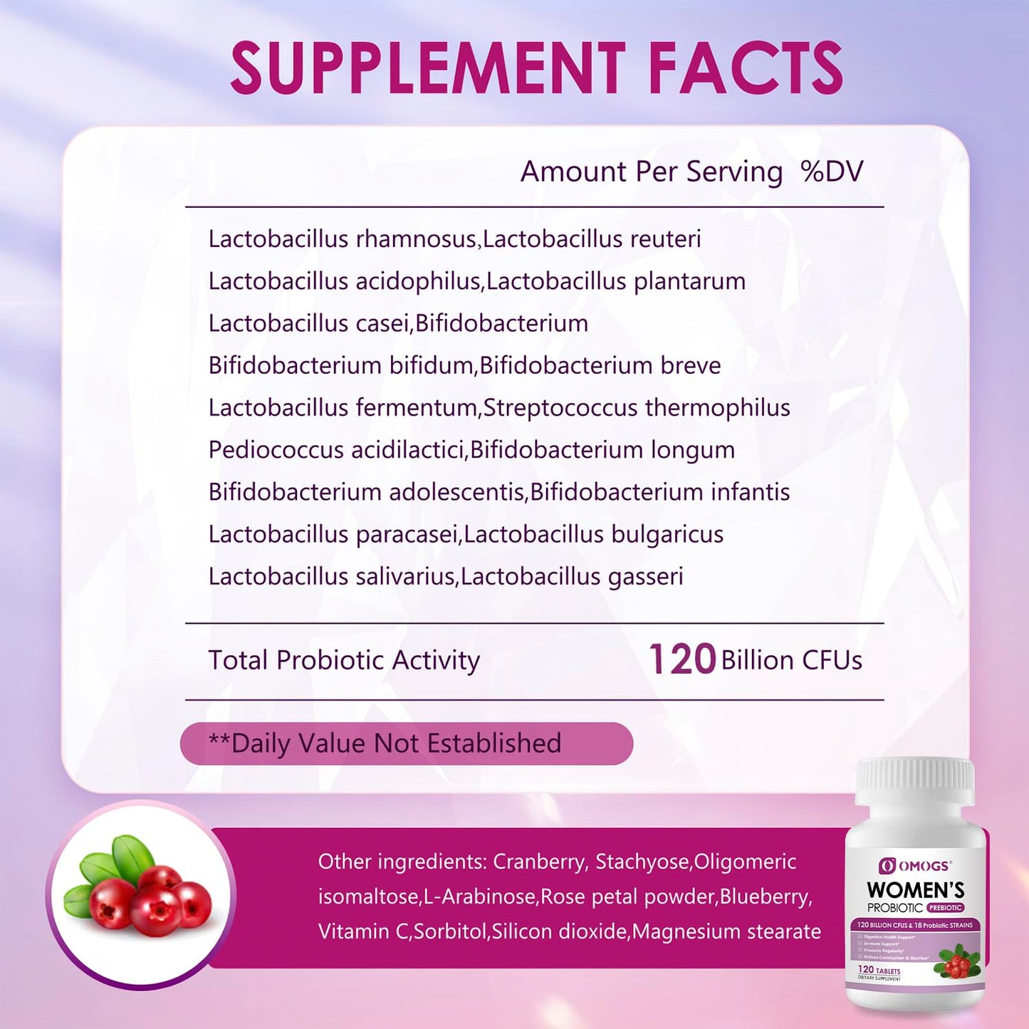 OMOGS Women's Probiotic Tablets with Cranberry Extract, Organic Prebiotics & Vitamin C, 120 Billion CFUs, 18 Strains, 240 Tablets
