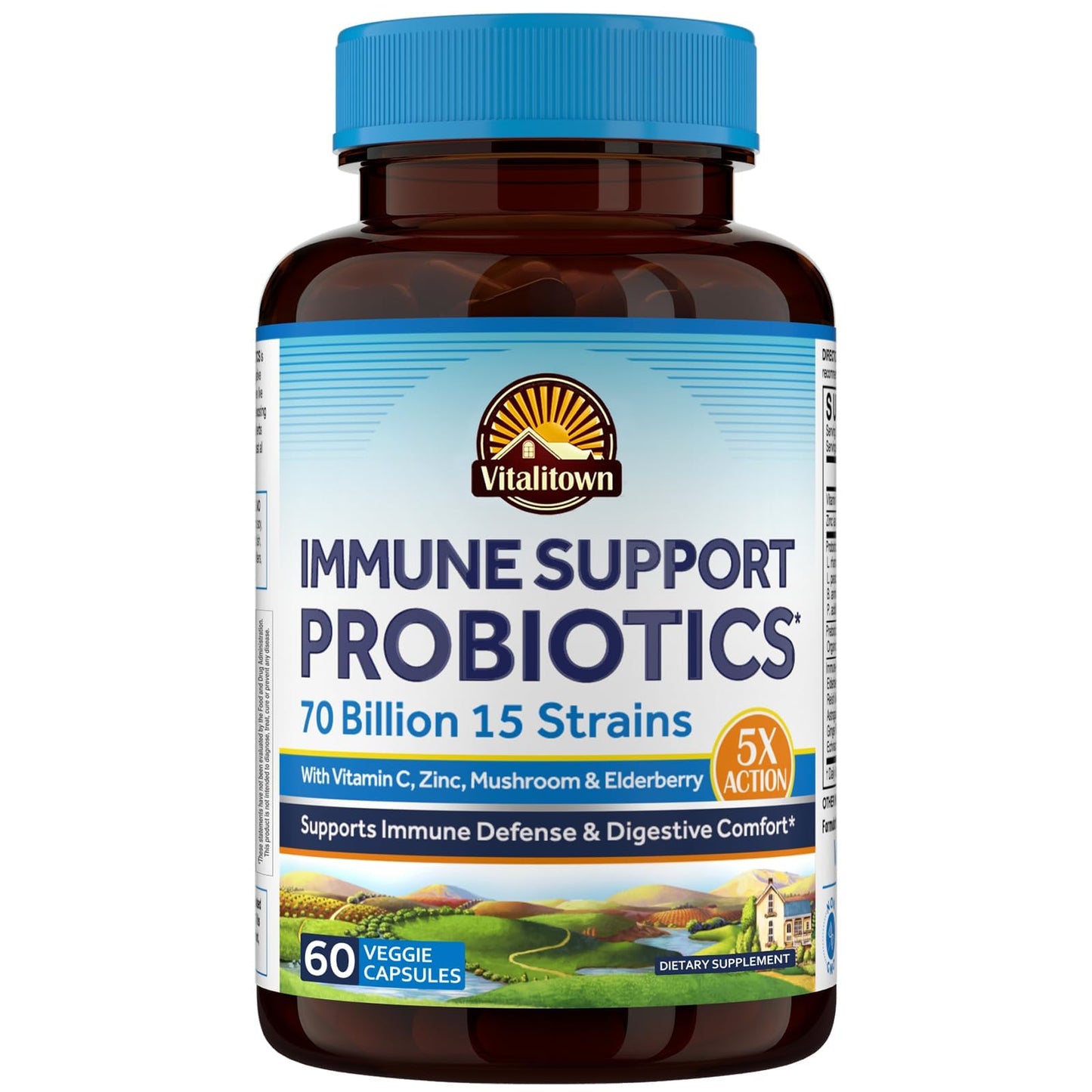 Vitalitown Probiotics 70 Billion CFU Immune Support Probiotics Supplement with Vitamin C, Zinc, Elderberry & Echinacea, 60 Capsules