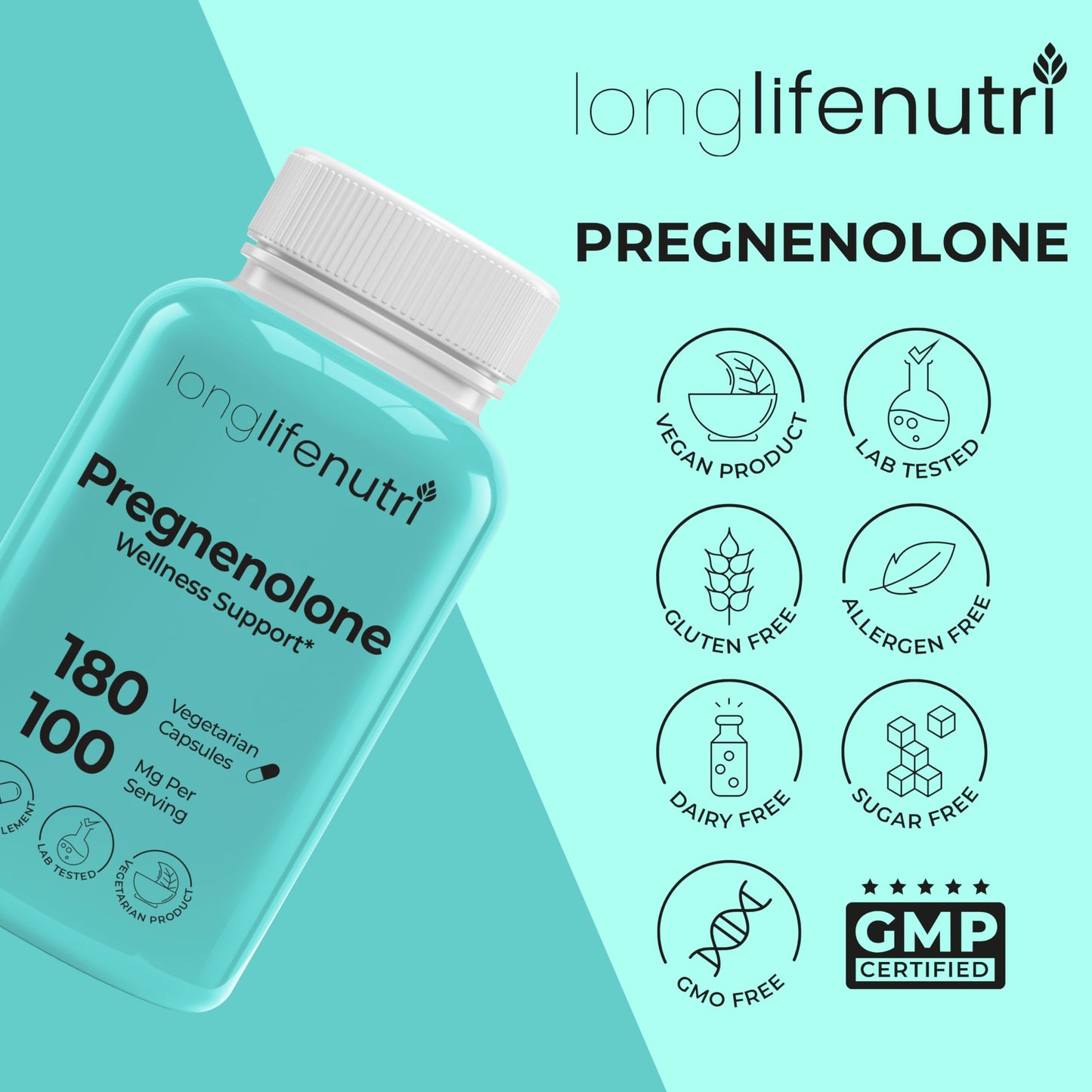 LongLifeNutri Brain & Hormone Support Pregnenolone Capsules 180 Count