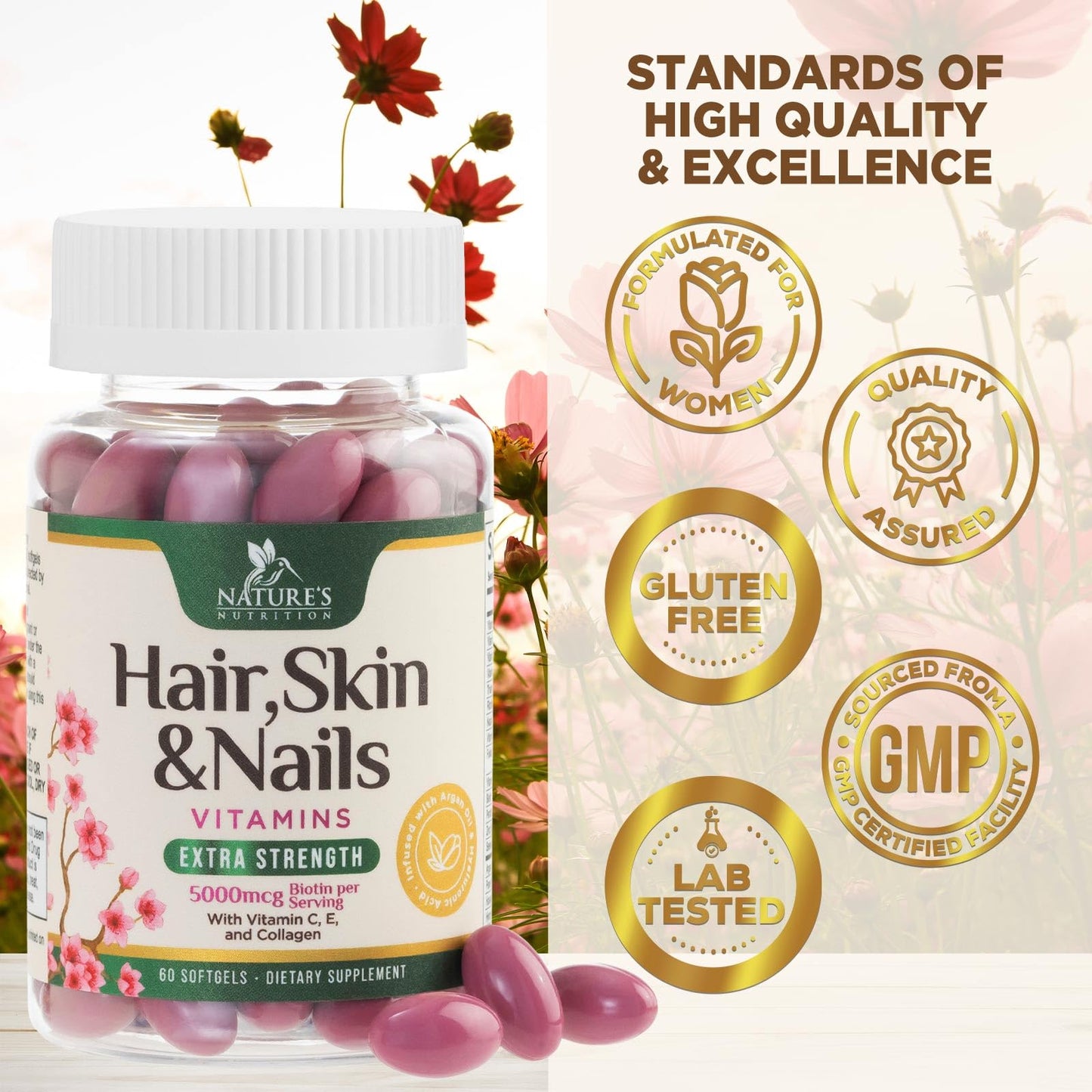 Nature's Nutrition Biotin 5000mcg Hair, Skin & Nails Softgels 60 Count