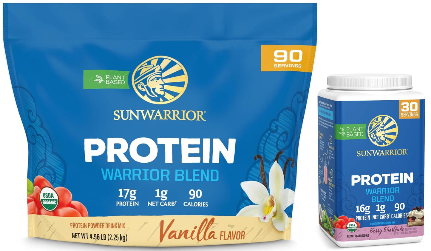 Sunwarrior Berry & Vanilla Organic Plant Based Protein Powder Set (90 Servings Vanilla, 30 Servings Berry)