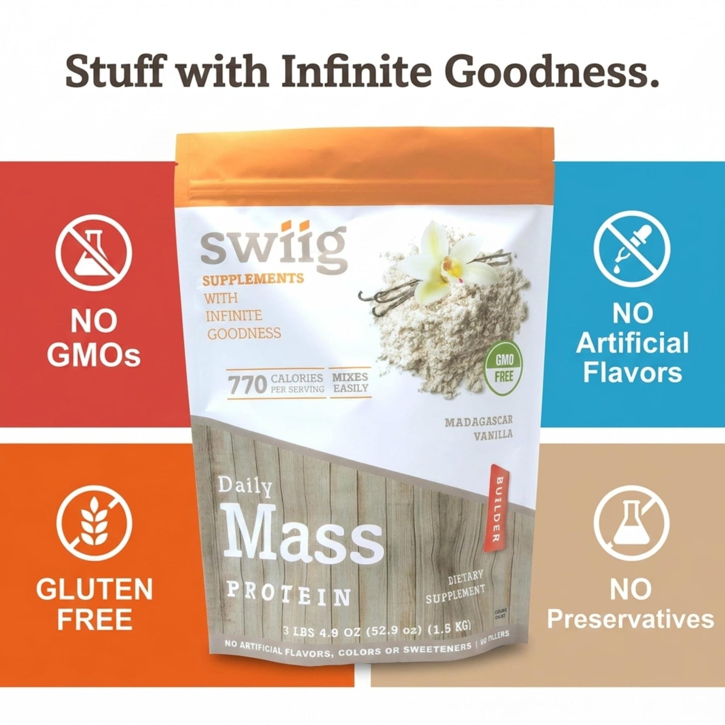 Swiig Mass Builder Protein Powder, Madagascar Vanilla, 52.8 oz
