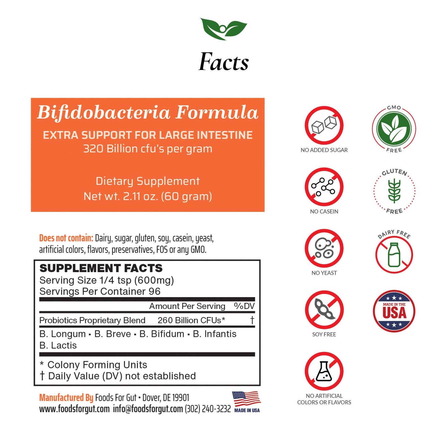 Foods For Gut Bifido Formula 320 Billion cfu's Powder 2.11 oz