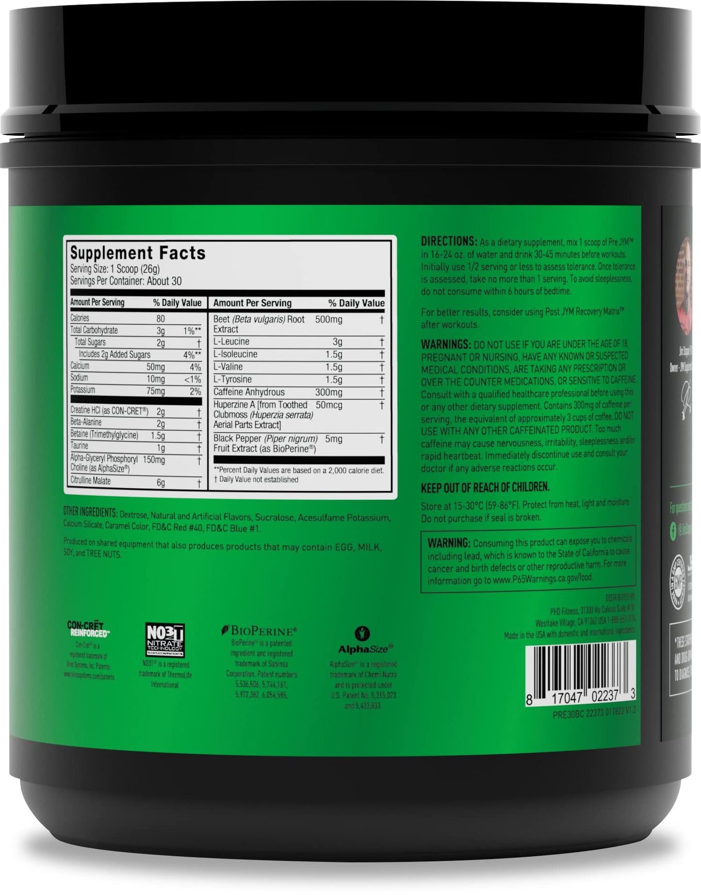JYM Supplement Science Pre JYM Black Cherry Pre Workout Powder, 30 Servings