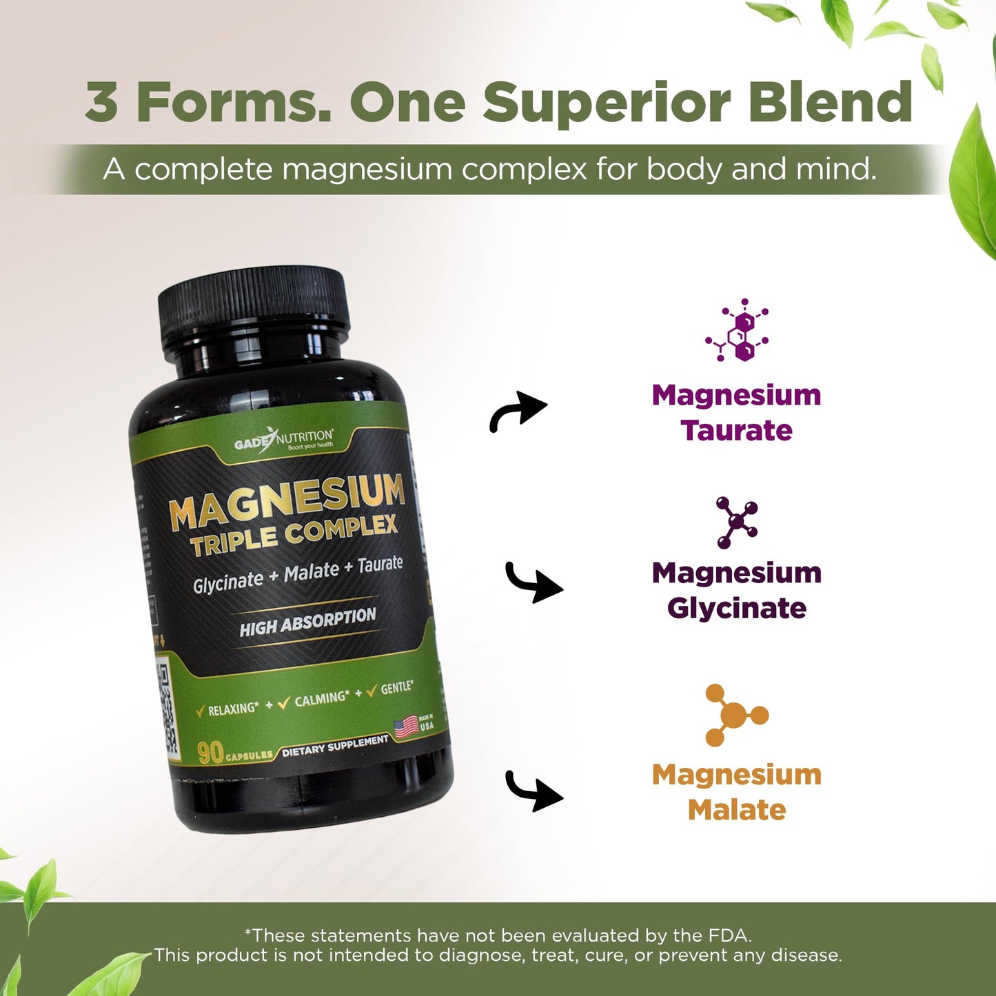 GADE NUTRITION Magnesium Triple Complex with Magnesium Glycinate, Magnesium Malate & Magnesium Taurate Capsules 90 Count