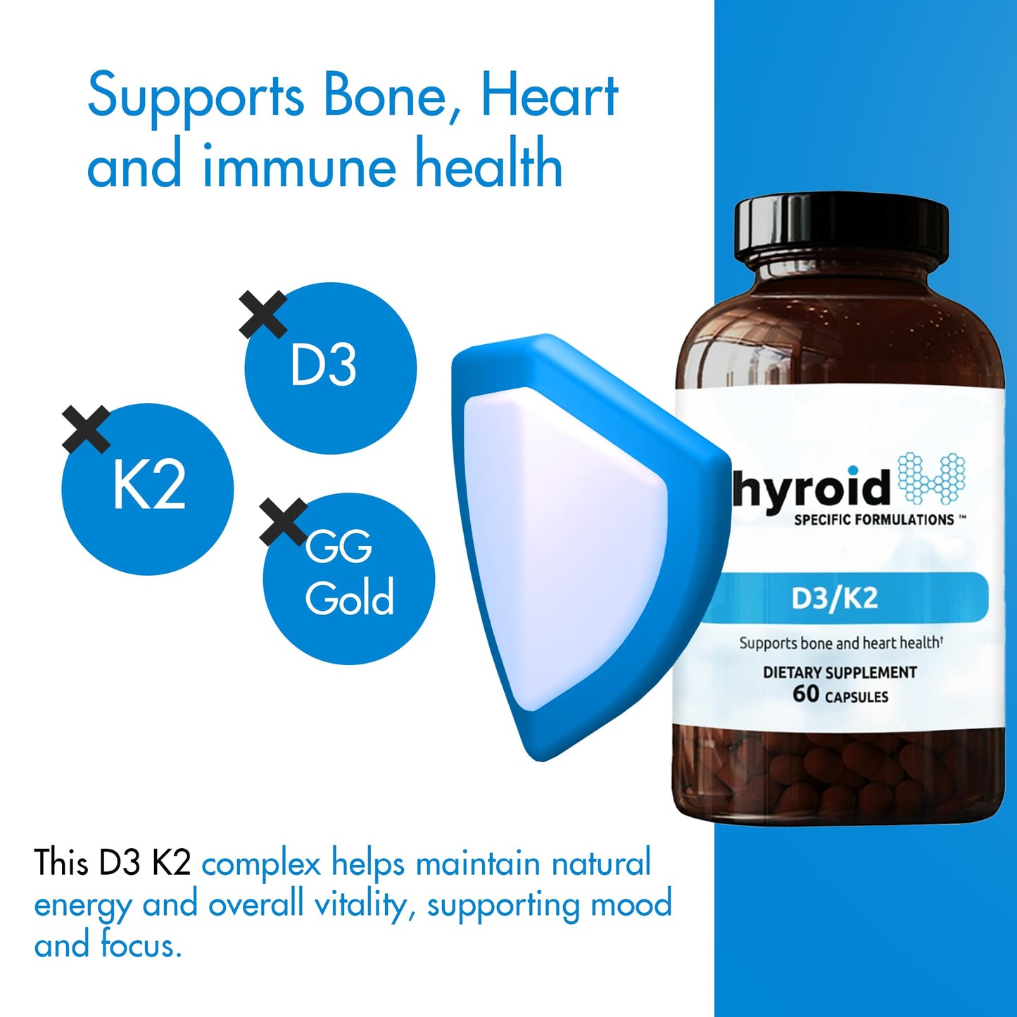 Thyroid Specific Formulations D3/K2 Vitamin Complex with GG, 60 Capsules