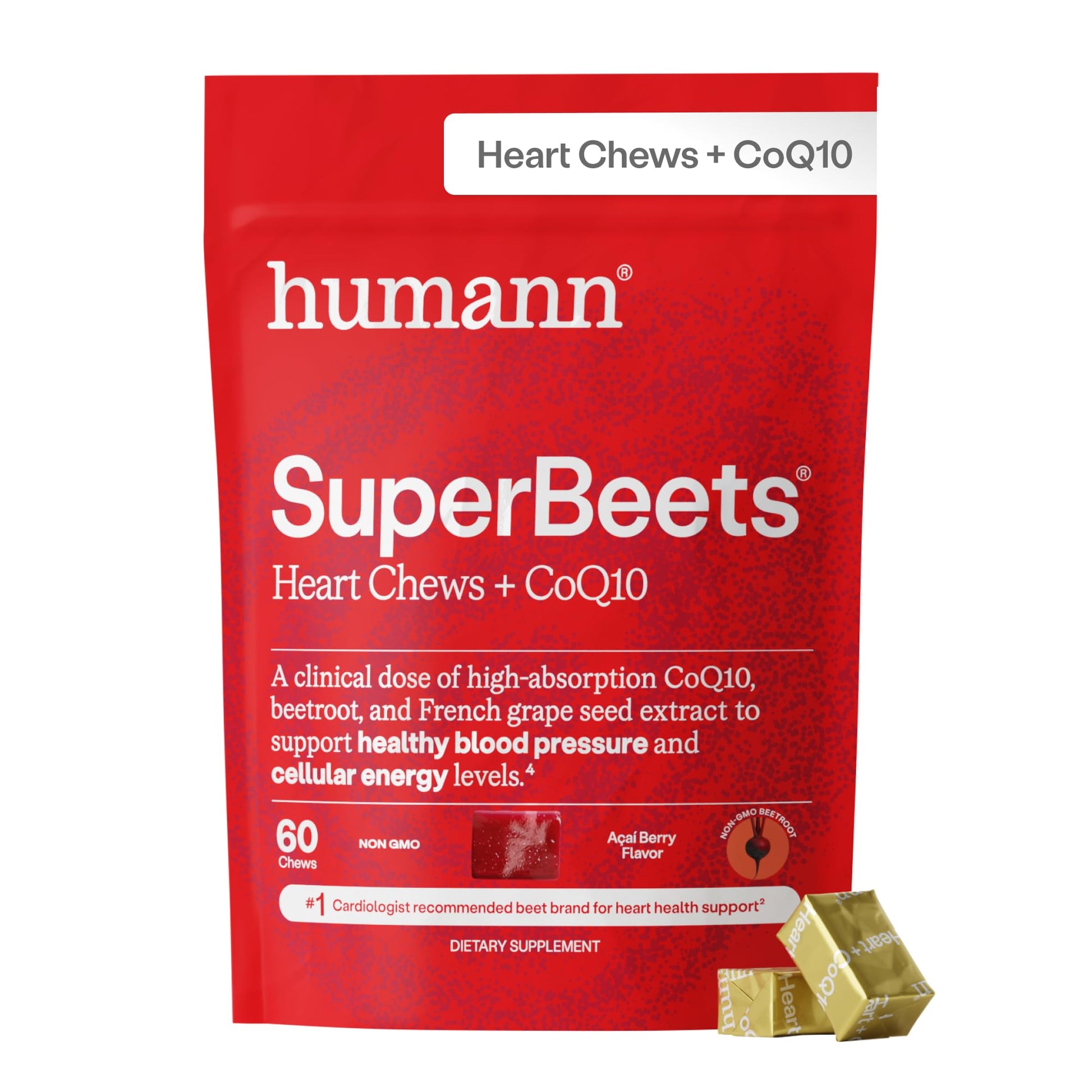 HumanN SuperBeets 3-in-1 Heart Chews, 3X Absorption CoQ10, Beetroot & Grape Seed Extract, Chewable, 60 Count