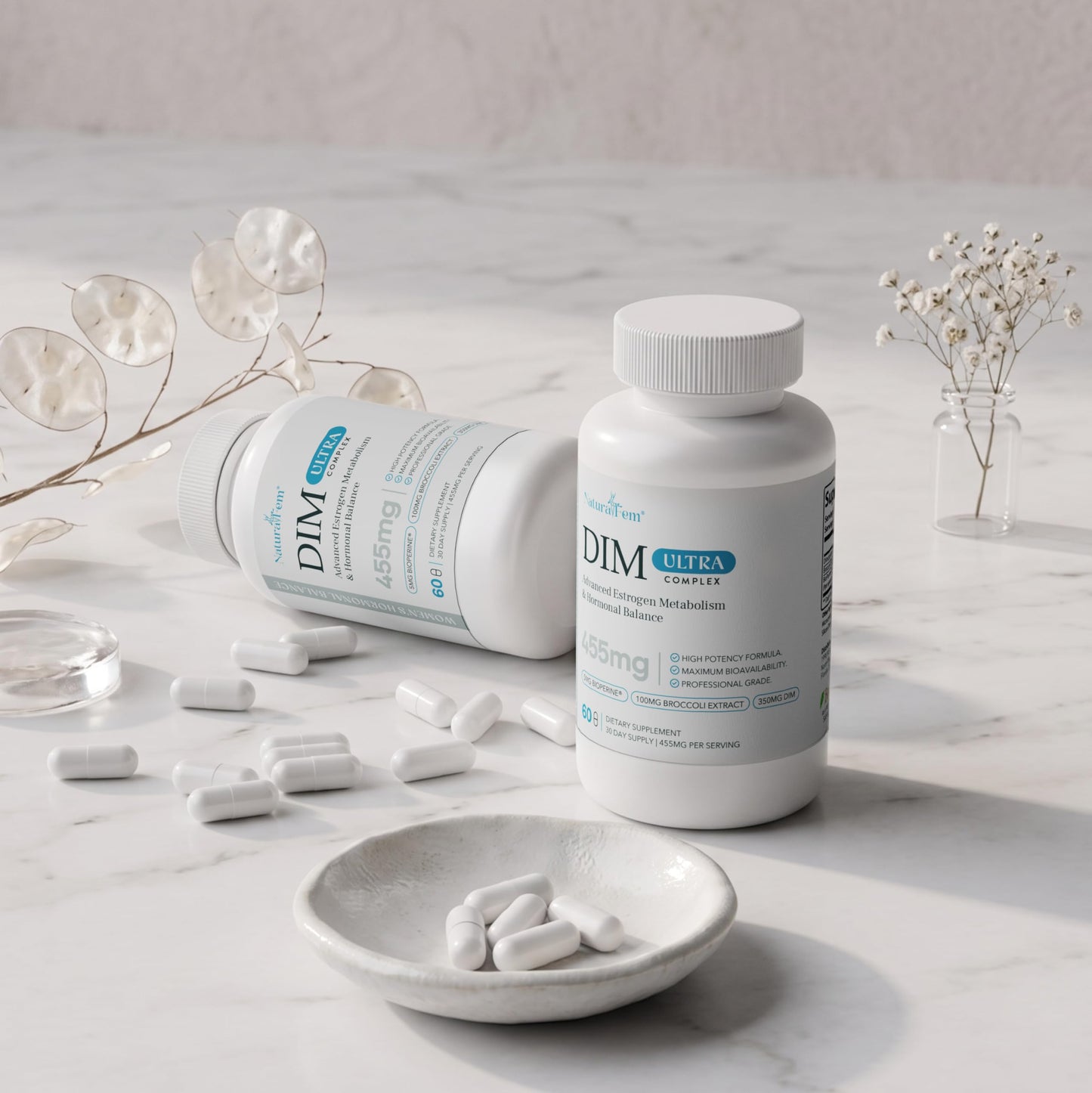 Naturalfem DIM 350mg Ultra Complex - Advanced Hormone Balance for Women & Estrogen Metabolism Support - with 100mg Broccoli Extract & BioPerine - High Potency 455mg Formula, 60 Capsules