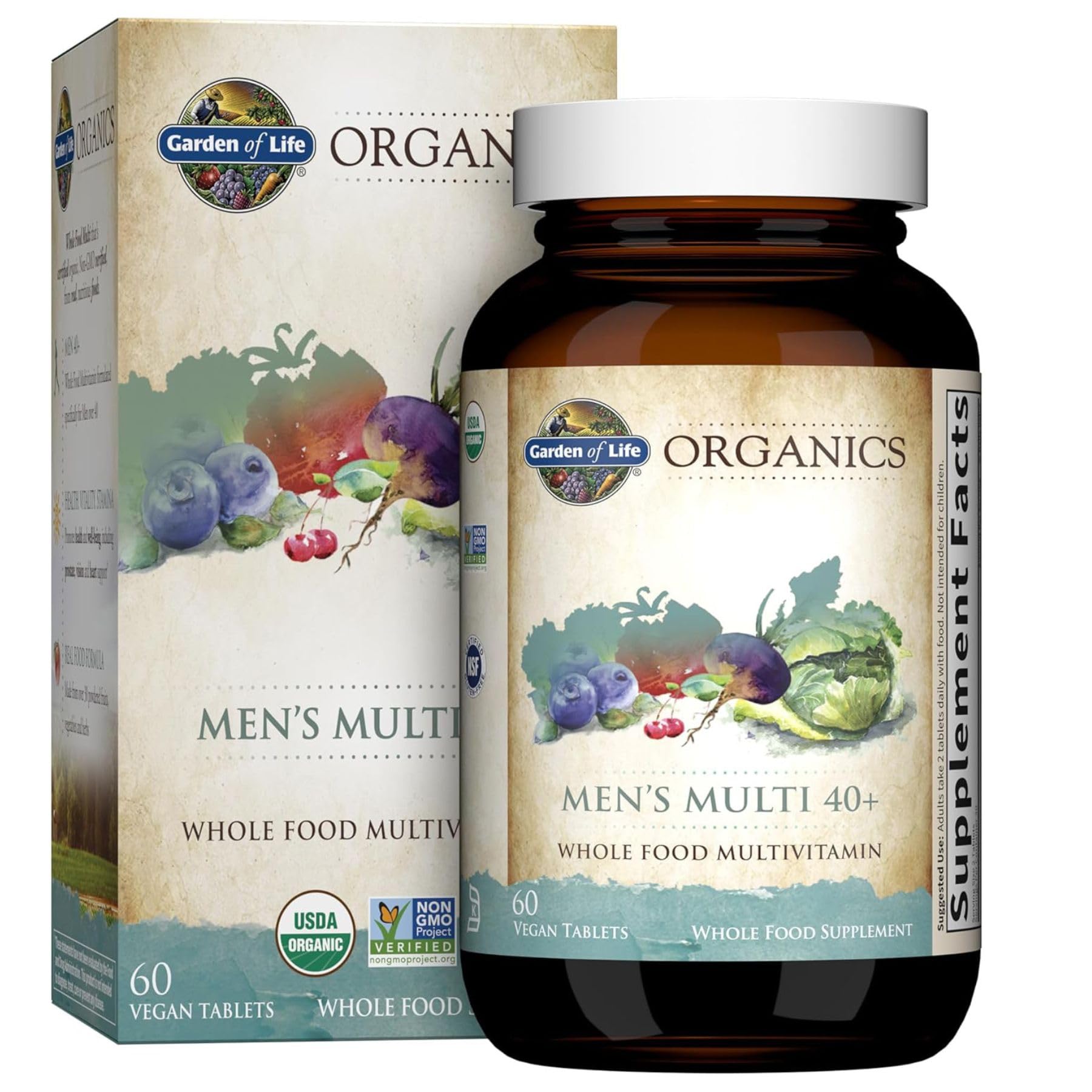 Garden of Life Organics Men's 40+ Multivitamin with Prostate Support, B12 & Vitamins – Vegan Daily Whole Food Multivitamin, Non-GMO, Certified Organic, 60 Tablets
