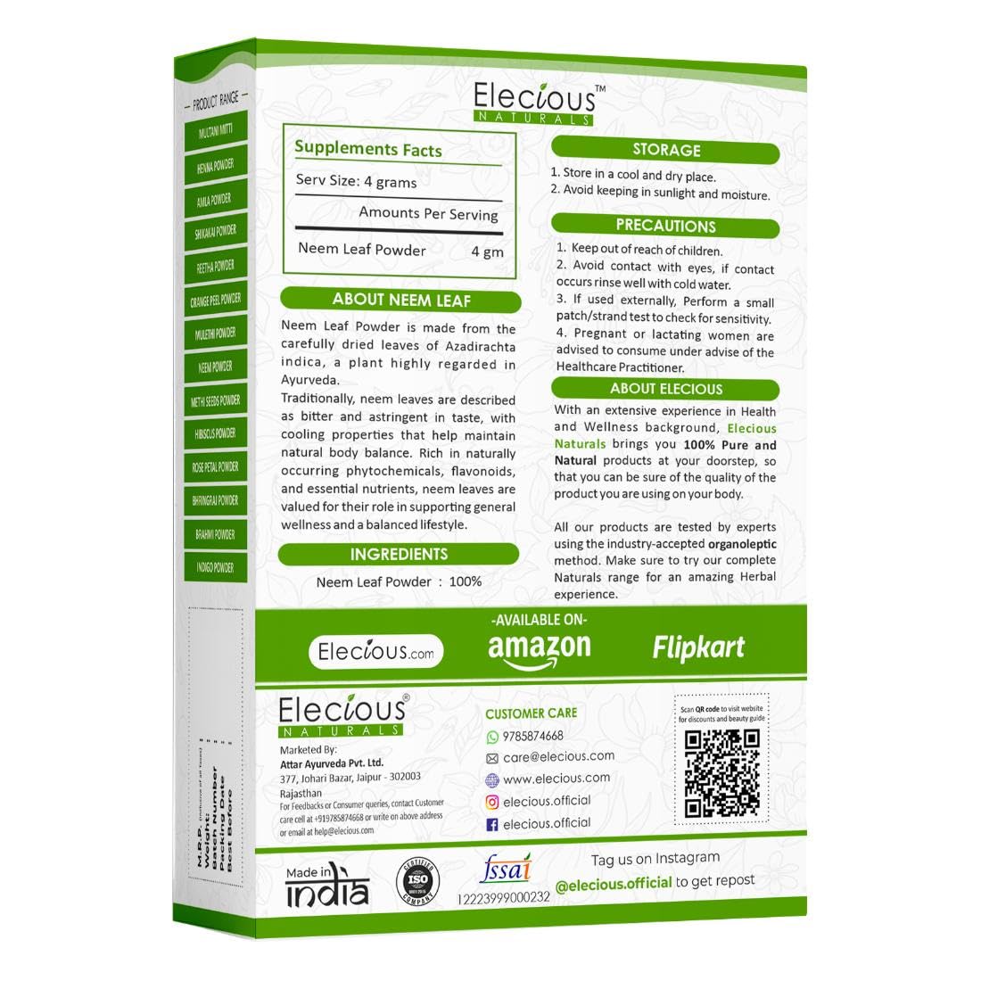 Elecious Neem Powder Margosa (Azadirachta Indica Leaf Powder), 7.0548 oz