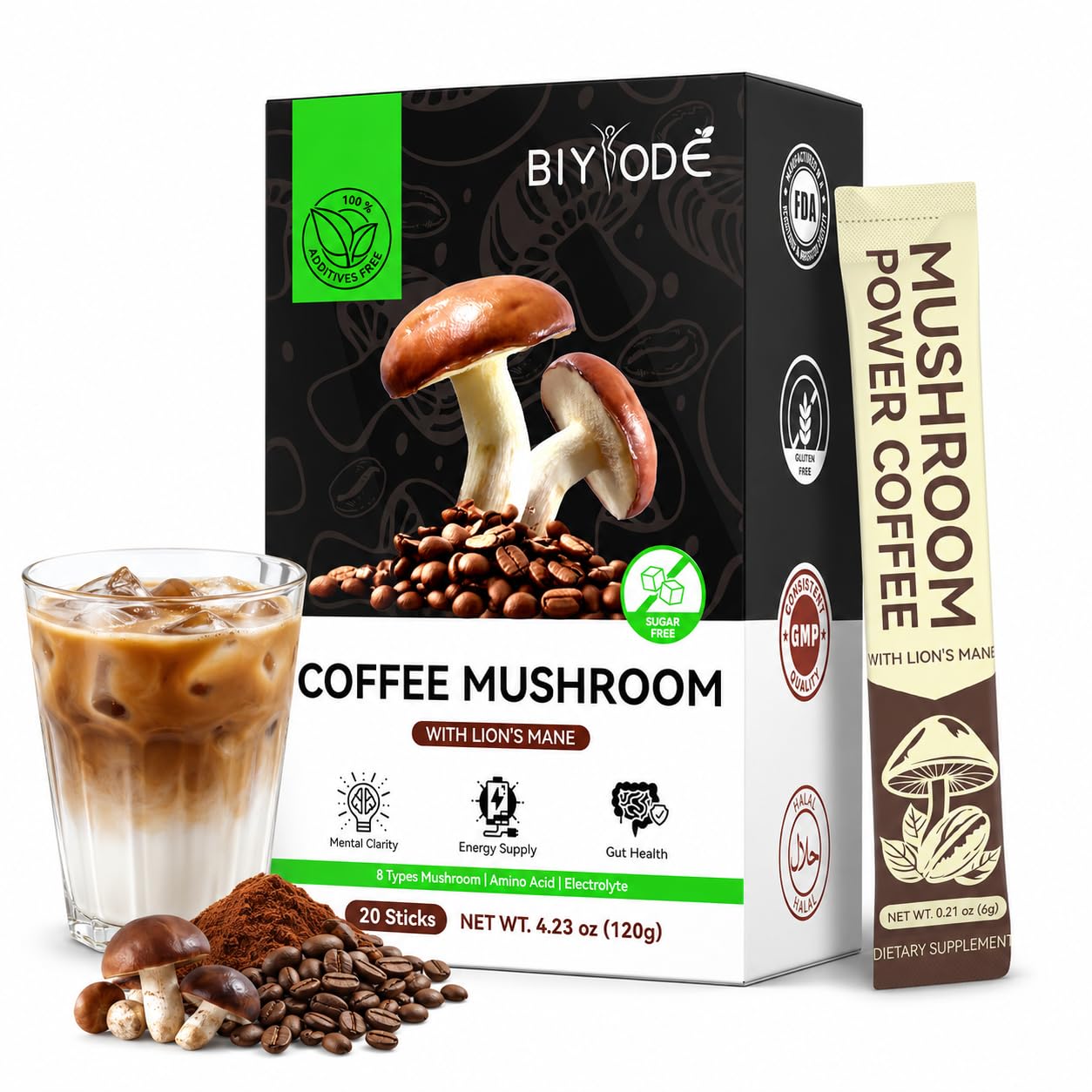 BIYODE Mushroom Coffee Instant Powder Sticks 4.23 Ounce