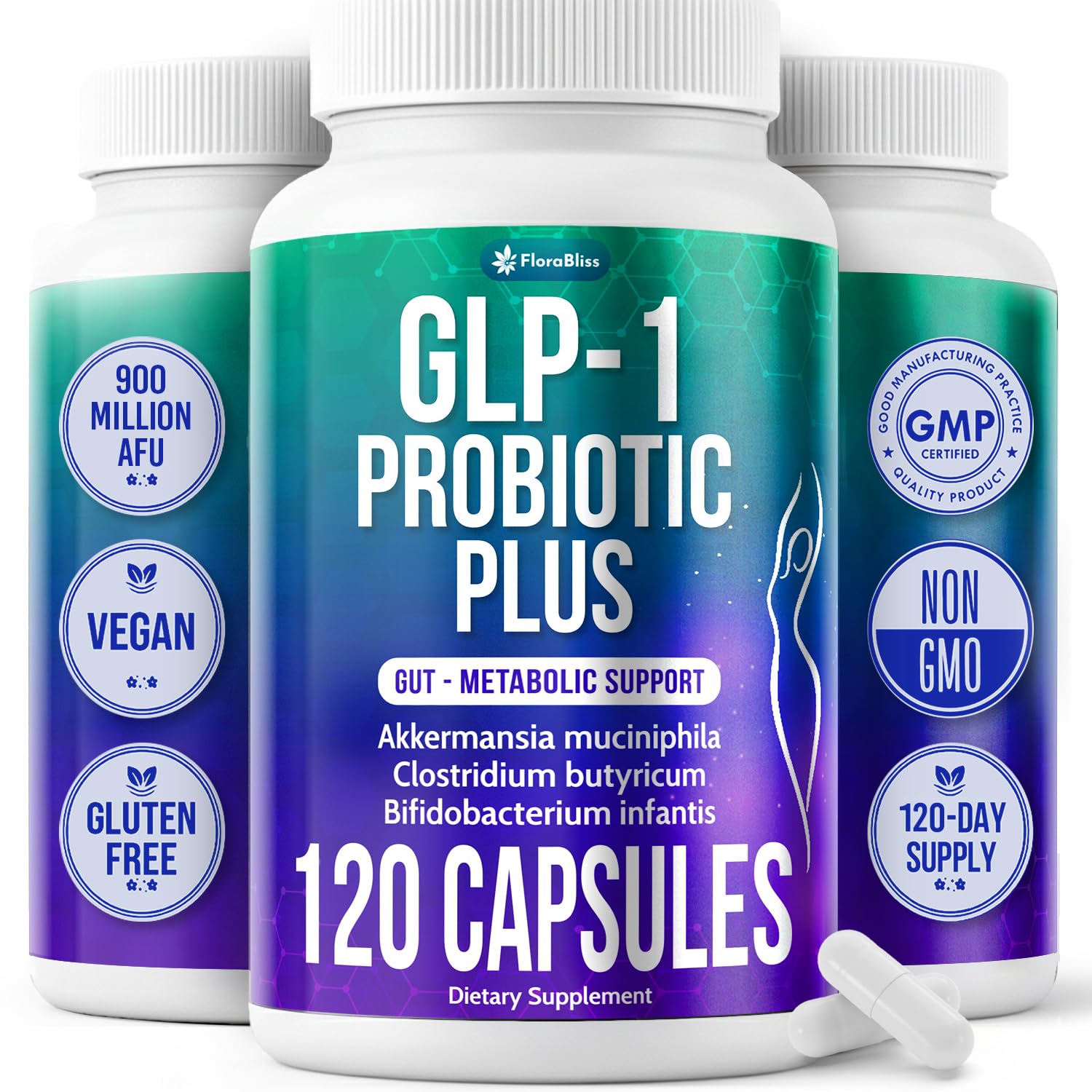 FloraBliss Probiotic Capsules 900 Million AFU (Akkermansia, Clostridium, Bifidobacterium) with Prebiotic Chicory and Green Tea Extract, Gluten Free, Vegan, Non-GMO, 120 Capsules