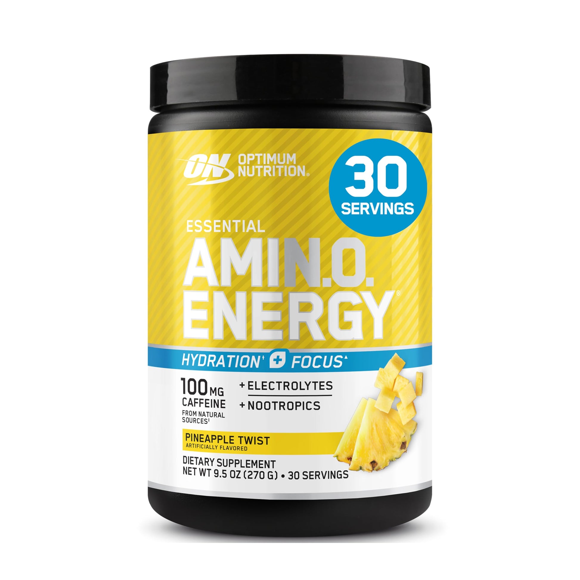 Optimum Nutrition Amino Energy Powder Plus Focus, with BCAA, Electrolytes, and Caffeine, Pineapple Twist, 9.5 oz