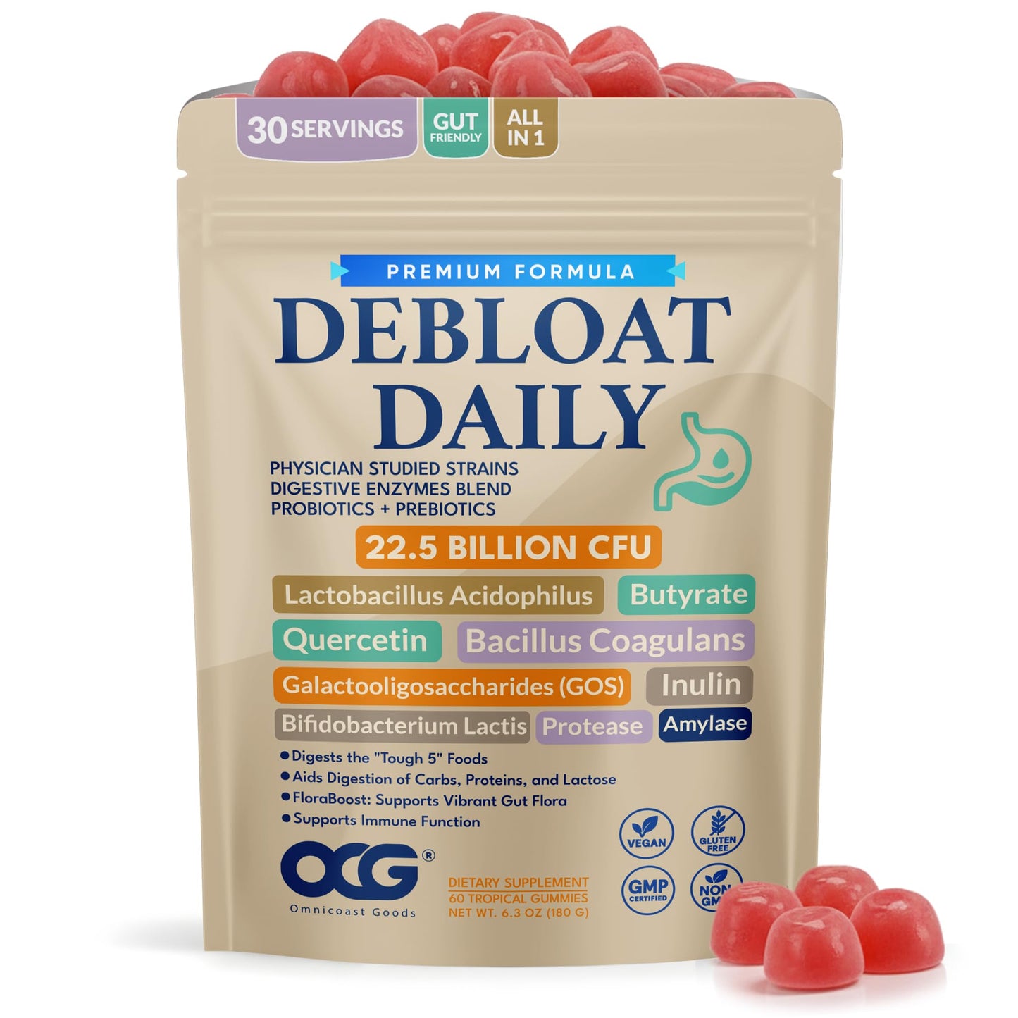 OMNICOAST GOODS Debloat Daily 3-in-1 Prebiotic, Probiotic & Digestive Enzyme Gummies, 2 Pack