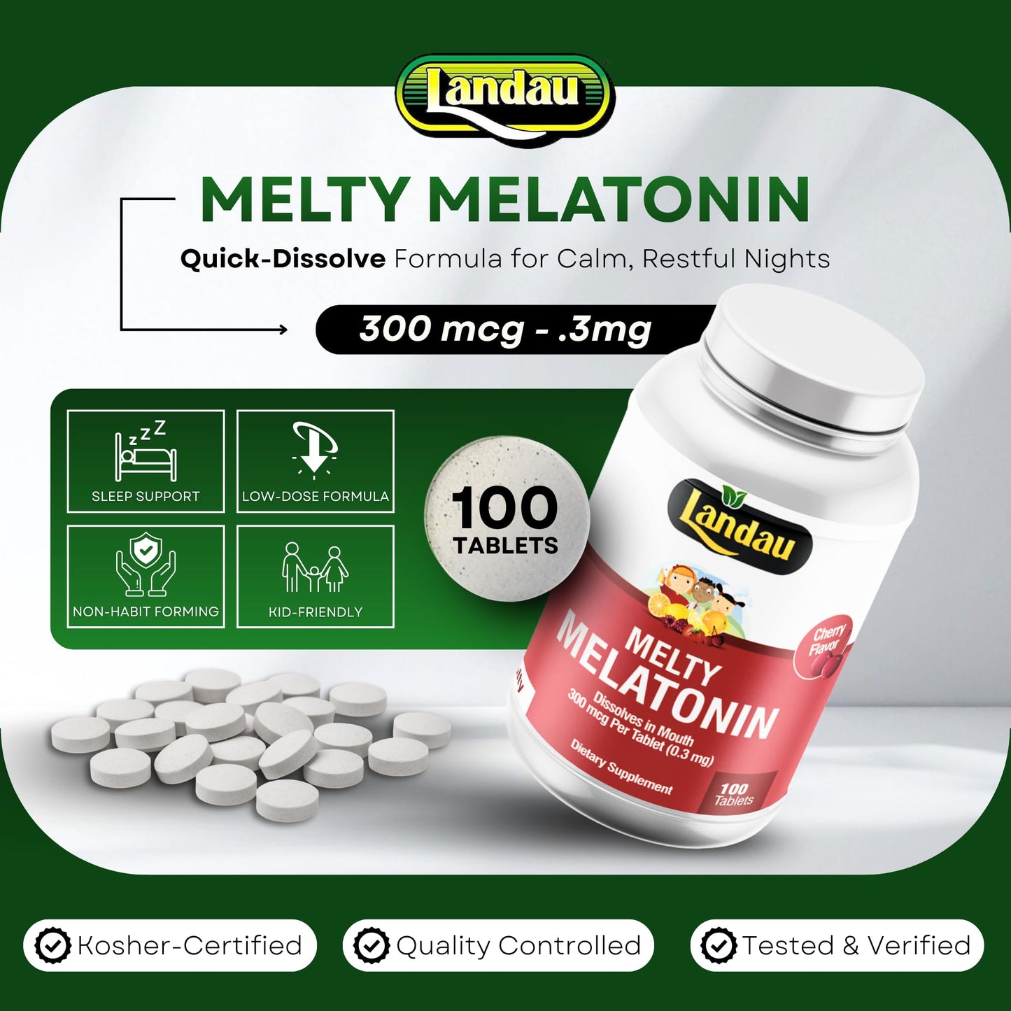 LANDAU 0.3mg-300mcg Melty Melatonin for Kids & Adults Tablet, 100 Tablets