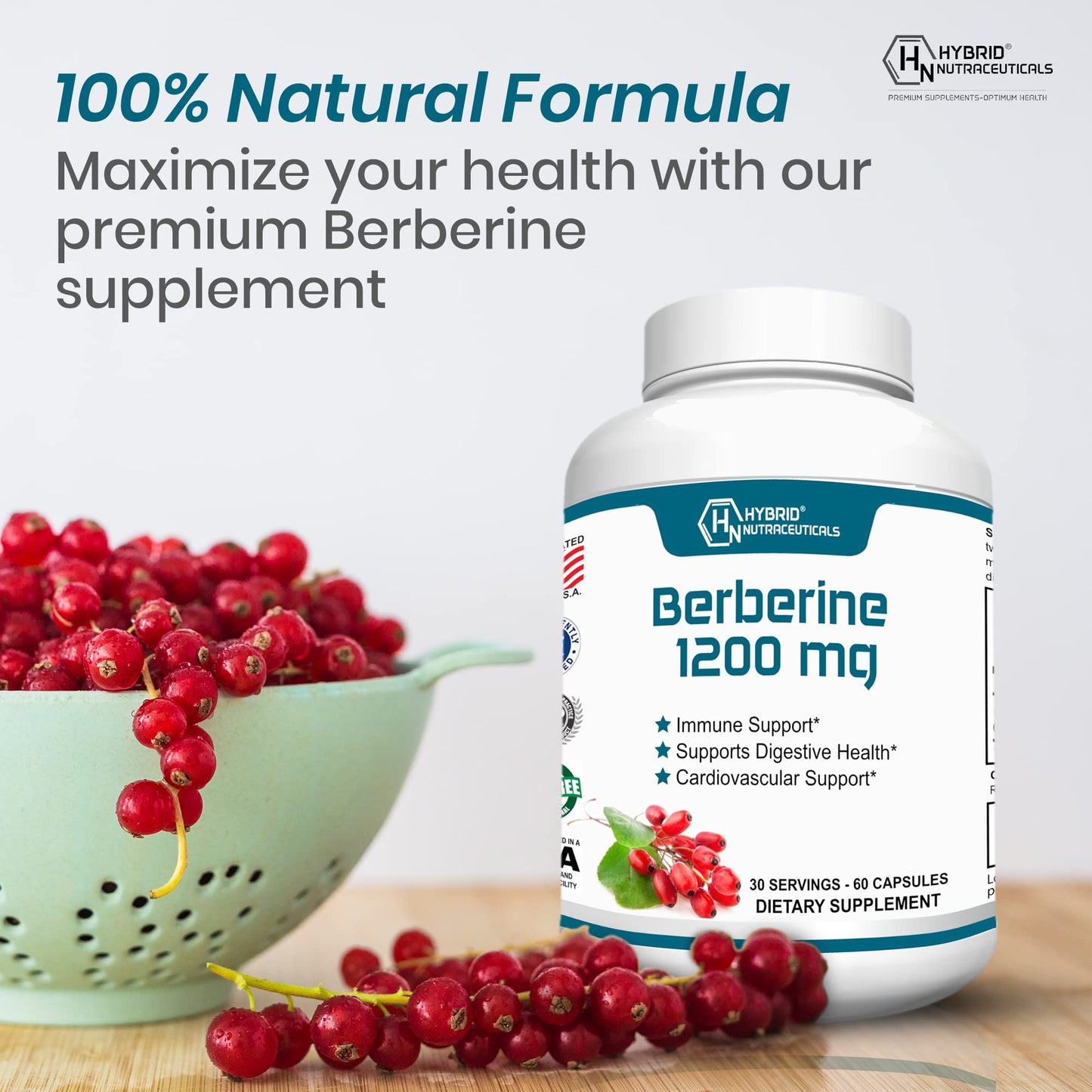 Hybrid Nutraceuticals Berberine 1200mg Concentrated Berberine HCl Formula Immune Support Digestive Support Gluten-Free Capsules, 60 Count