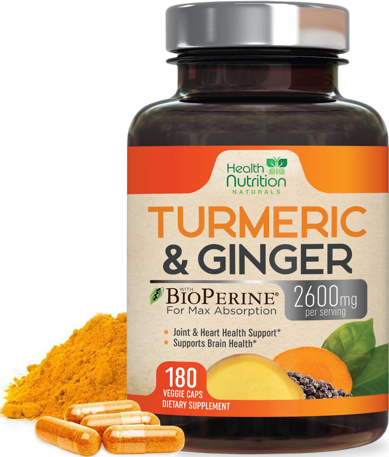 Health Nutrition Naturals Turmeric Curcumin Supplement 2200mg 95% Curcuminoids Capsules, 180 Capsules