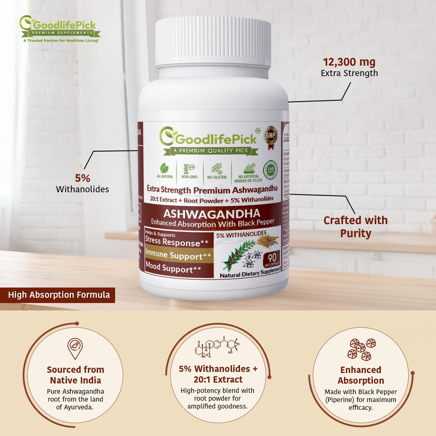 GoodlifePick Ashwagandha Capsules with Black Pepper, 90 Capsules
