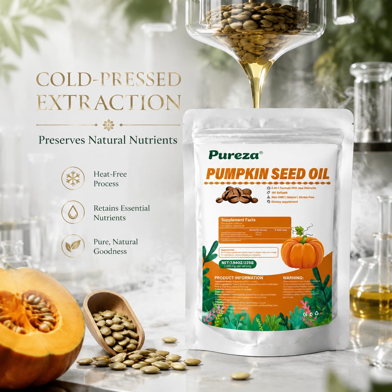 Pureza 2-in-1 Pumpkin Seed Oil Capsules 3000mg with Saw Palmetto Softgels Capsule, 1 Count