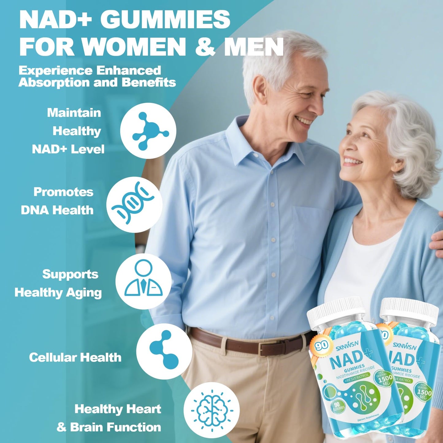 SXNWSN NAD+ Gummies with Nicotinamide Riboside, Trans-Resveratrol & Quercetin - Anti-Aging Energy Support & Cellular Health, Sugar-Free Blueberry Flavor 90 ct