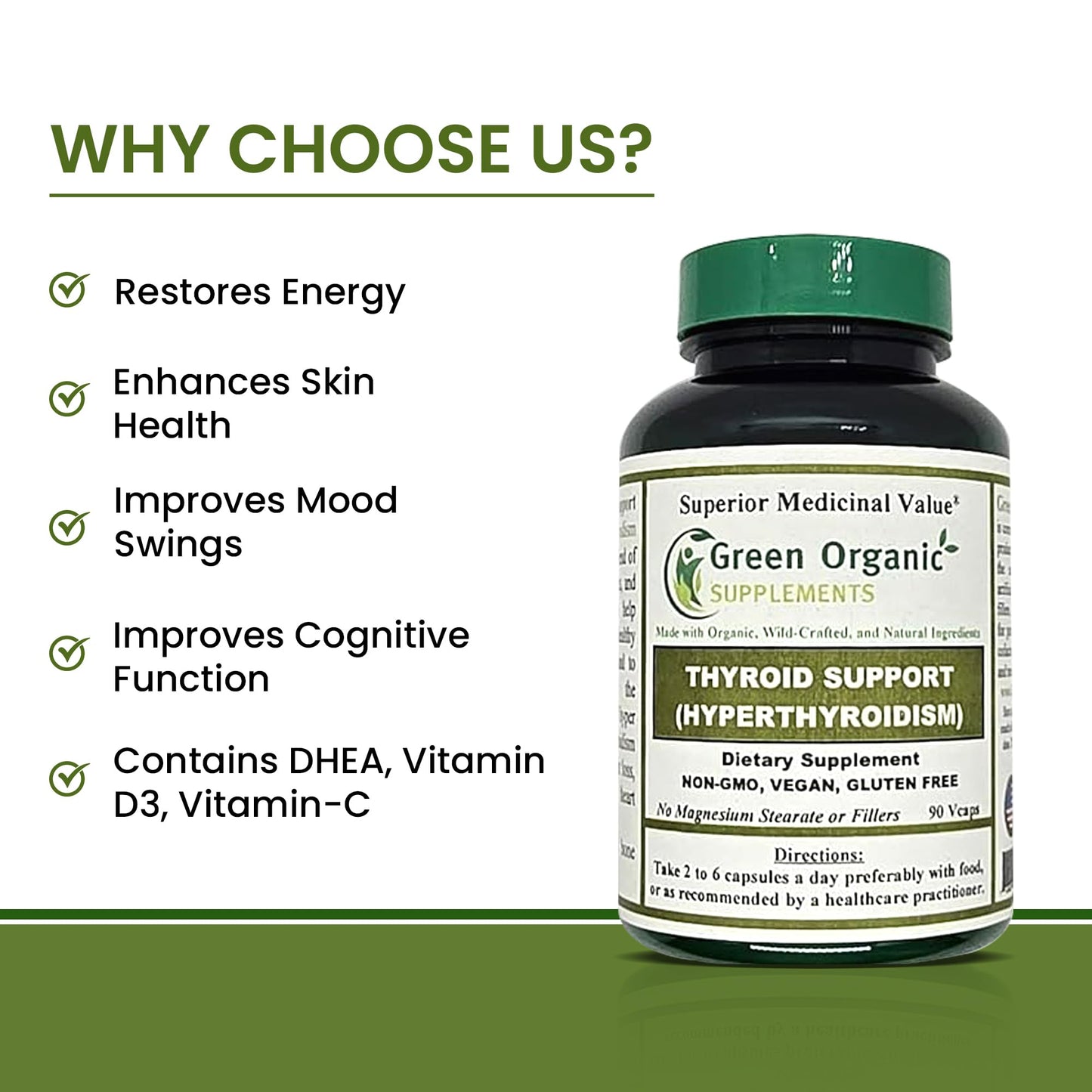 Green Organic Supplements Thyroid & Hyperthyroidism High Absorbable Non-GMO Gluten-Free 90 Capsules