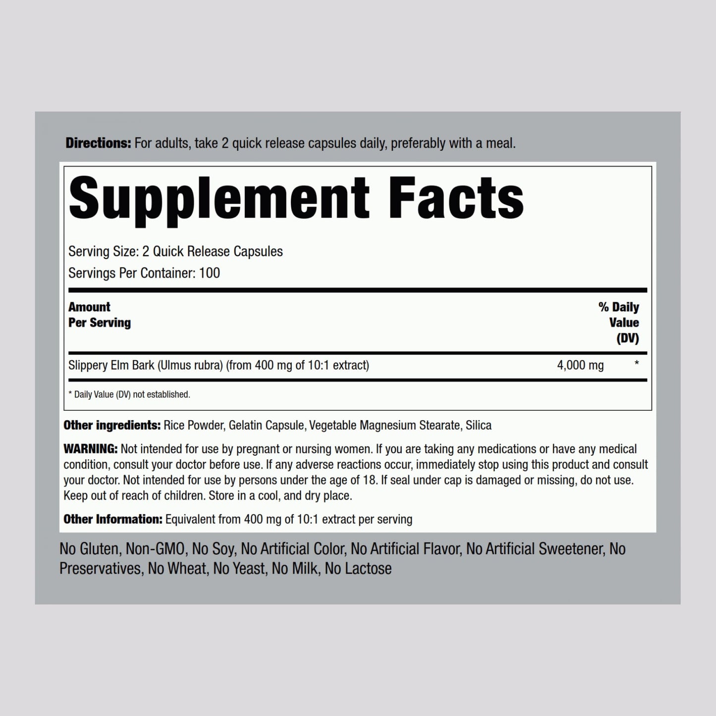 Piping Rock Slippery Elm Bark Capsules, 200 Capsules