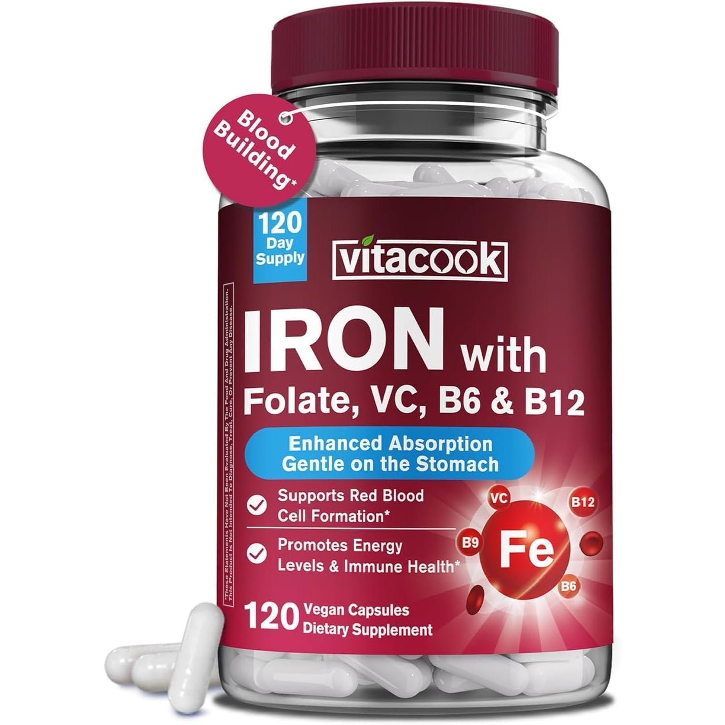 Vitacook Iron Supplement for Women & Men, Iron Bisglycine with Vitamin C, B6, B12, Folate, Capsule, 120 Count