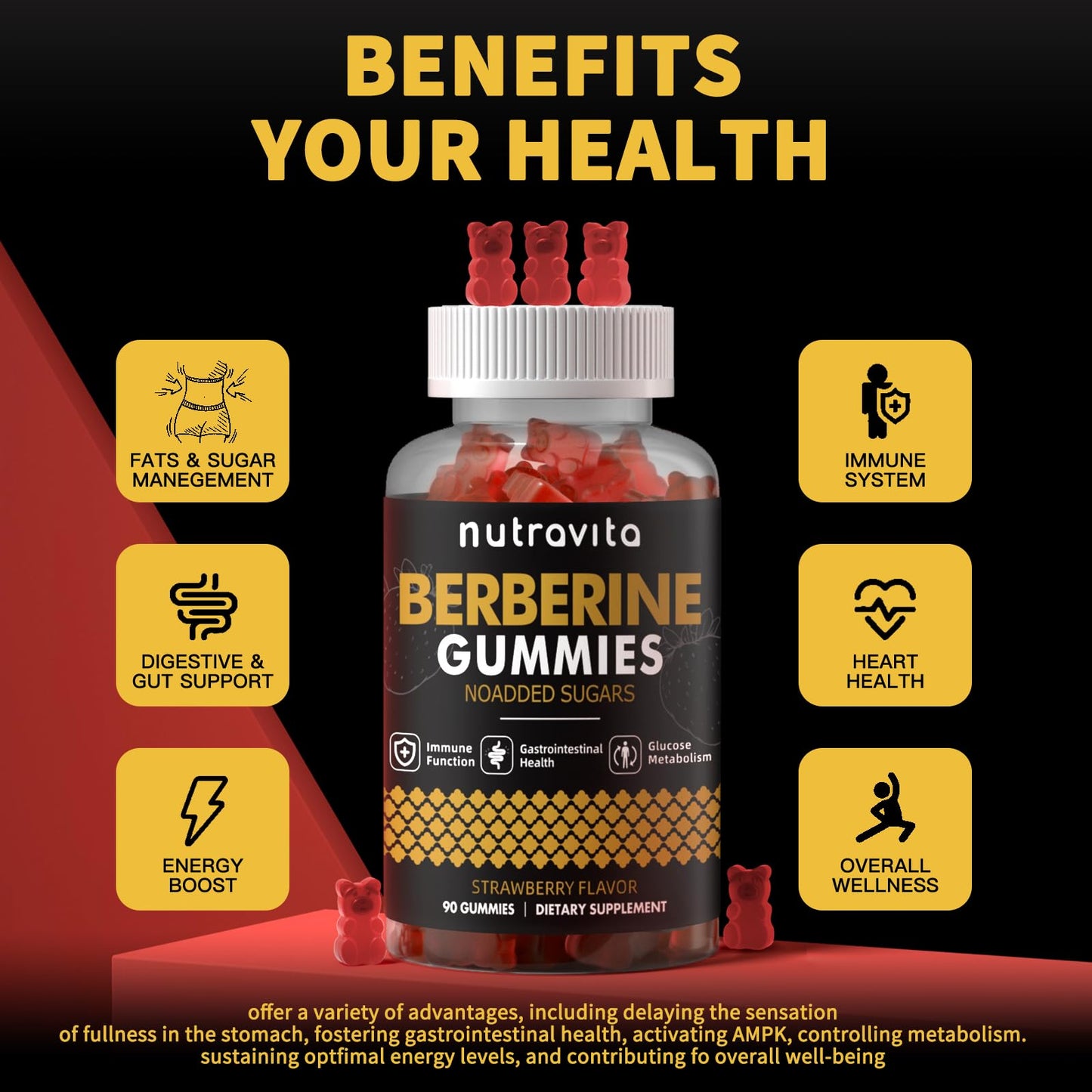 Nutravita Berberine Gummies with Ceylon Cinnamon 1500mg High Potency Berberine HCL for Immune and Metabolism Support, Sugar Free Organic, Strawberry Flavor, 180 Gummies