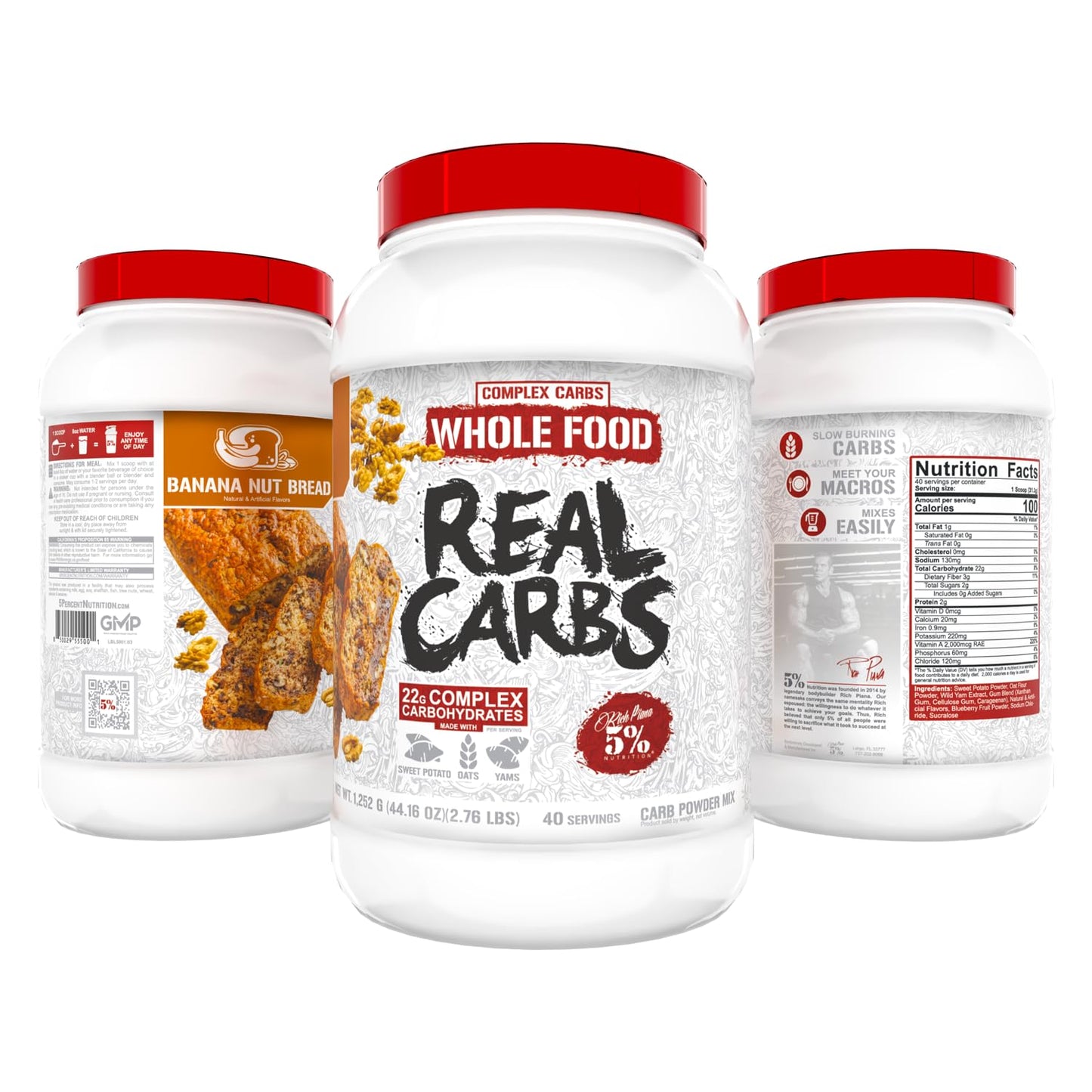 5% Nutrition Rich Piana Real Carbs with Real Food Complex Carb Powder, Banana Nut Bread, 40 Servings