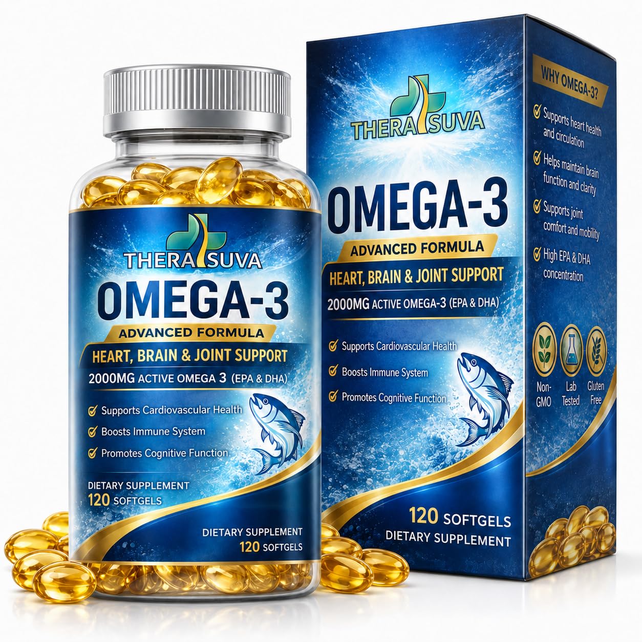 TheraSuva Triple Strength Premium Alaskan Fish Oil, Omega-3 2000mg - EPA 1100mg + DHA 900mg, Natural Supplement for Healthy Heart & Brain & Mobility Support, 2 Month Supply, 120 Softgels