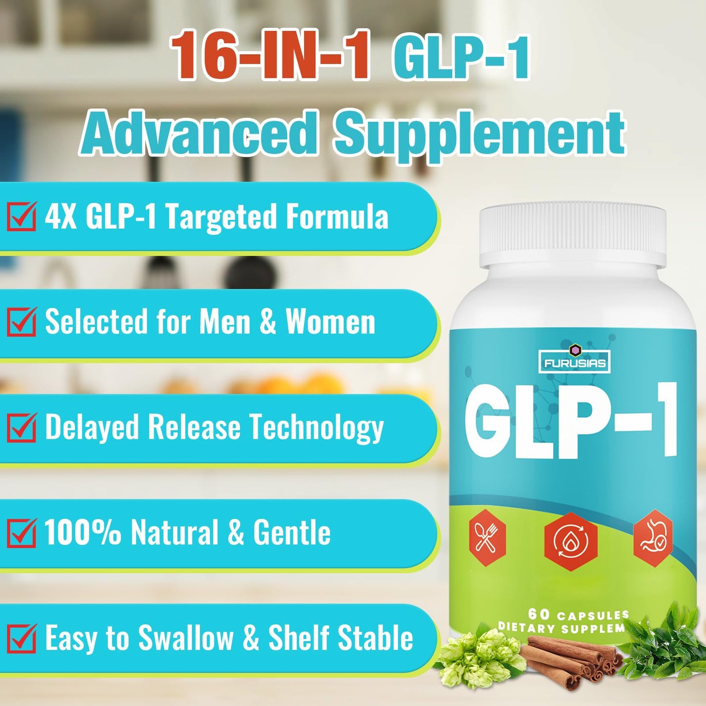 Furusias GLP-1 16-in-1 Supplement for Women & Men, 4X Targeted Formula Capsule, 60 Count