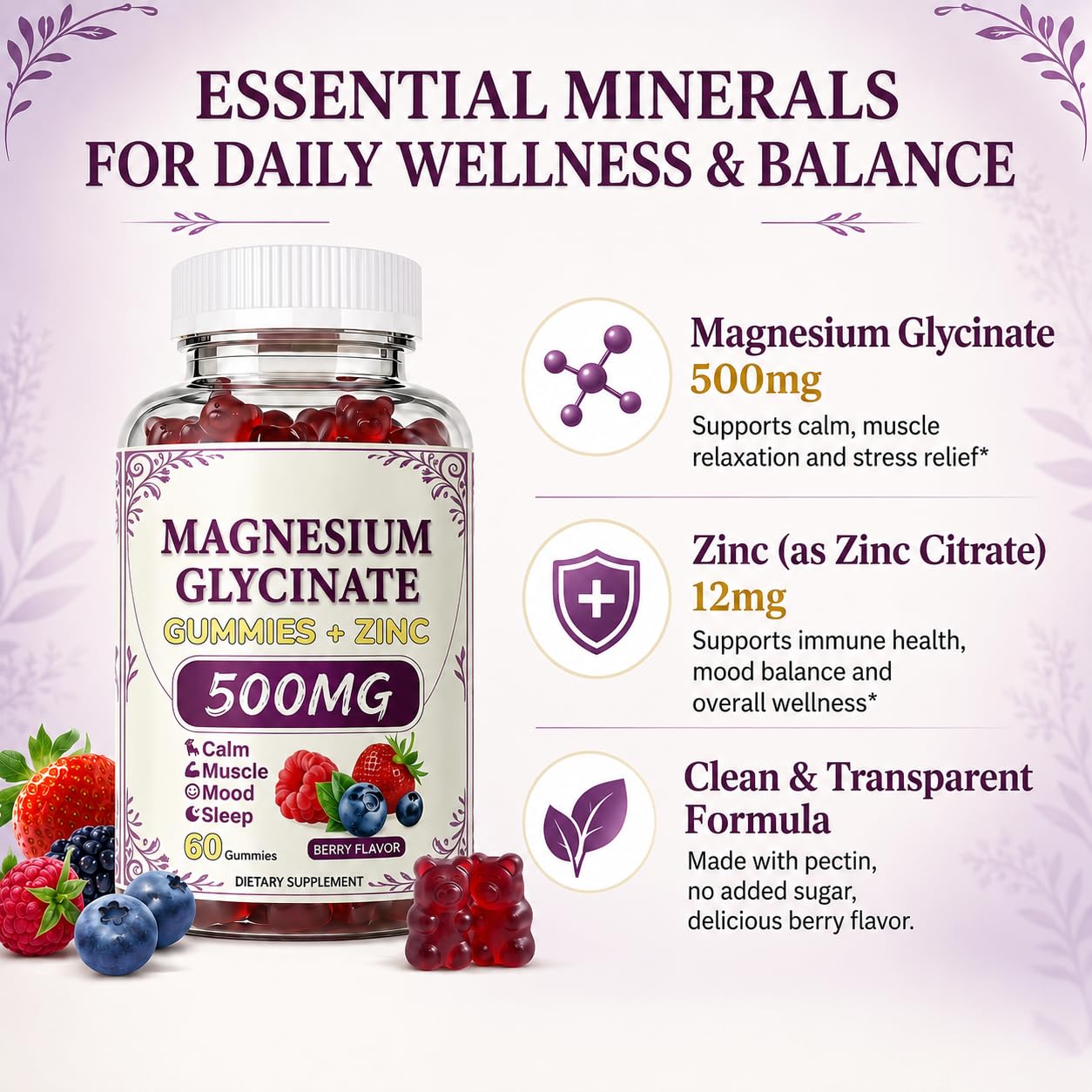 FedererSeth Magnesium Glycinate Gummies 500mg with Zinc for Women & Men, Supports Calm, Muscle Relaxation & Daily Stress Relief, High Absorption Chelated Magnesium, Zero Added Sugar, 120 Gummies