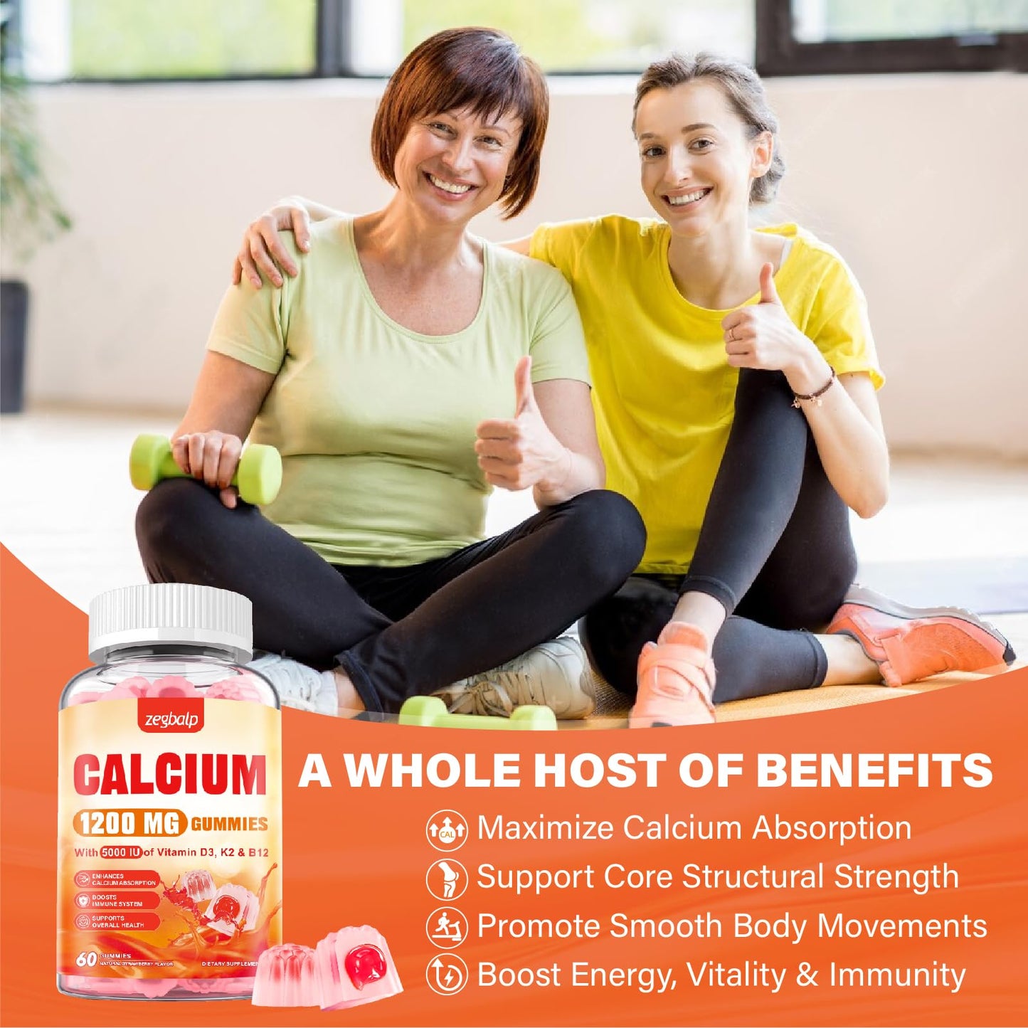 ZEGBALP Calcium 1200 mg with Vitamin D3 Supplement for Adults Gummies, 60 Count
