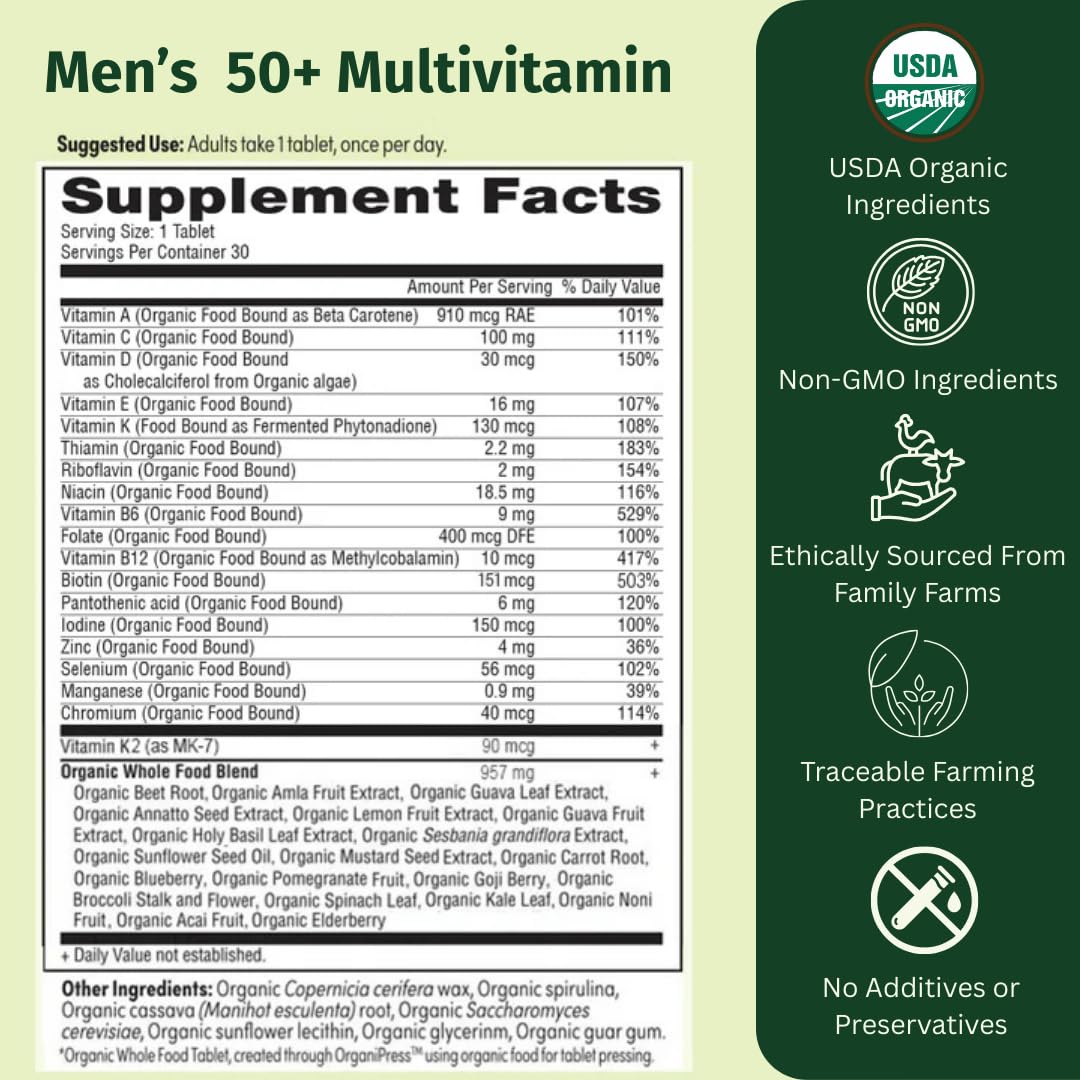 EarthFirst Organic Once Daily Multivitamin for Men 50+ Tablets, 60 Count