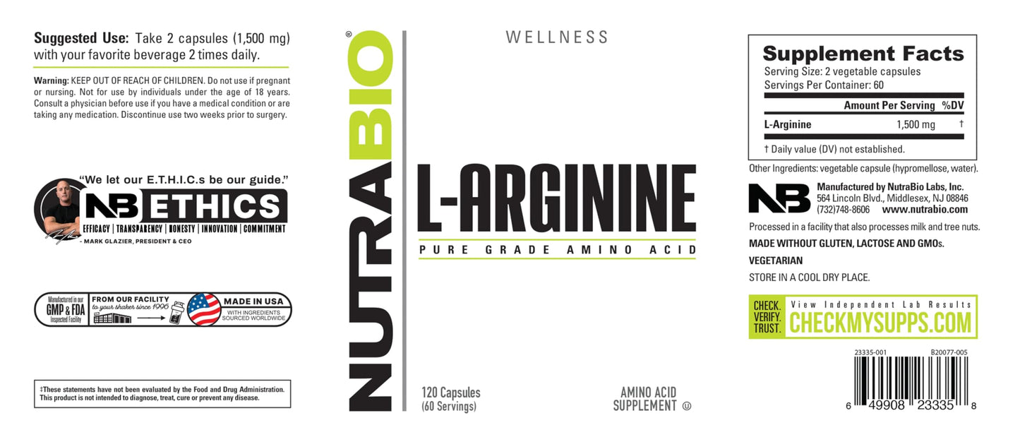 NutraBio L-Arginine Supplement Capsule 120 Capsules