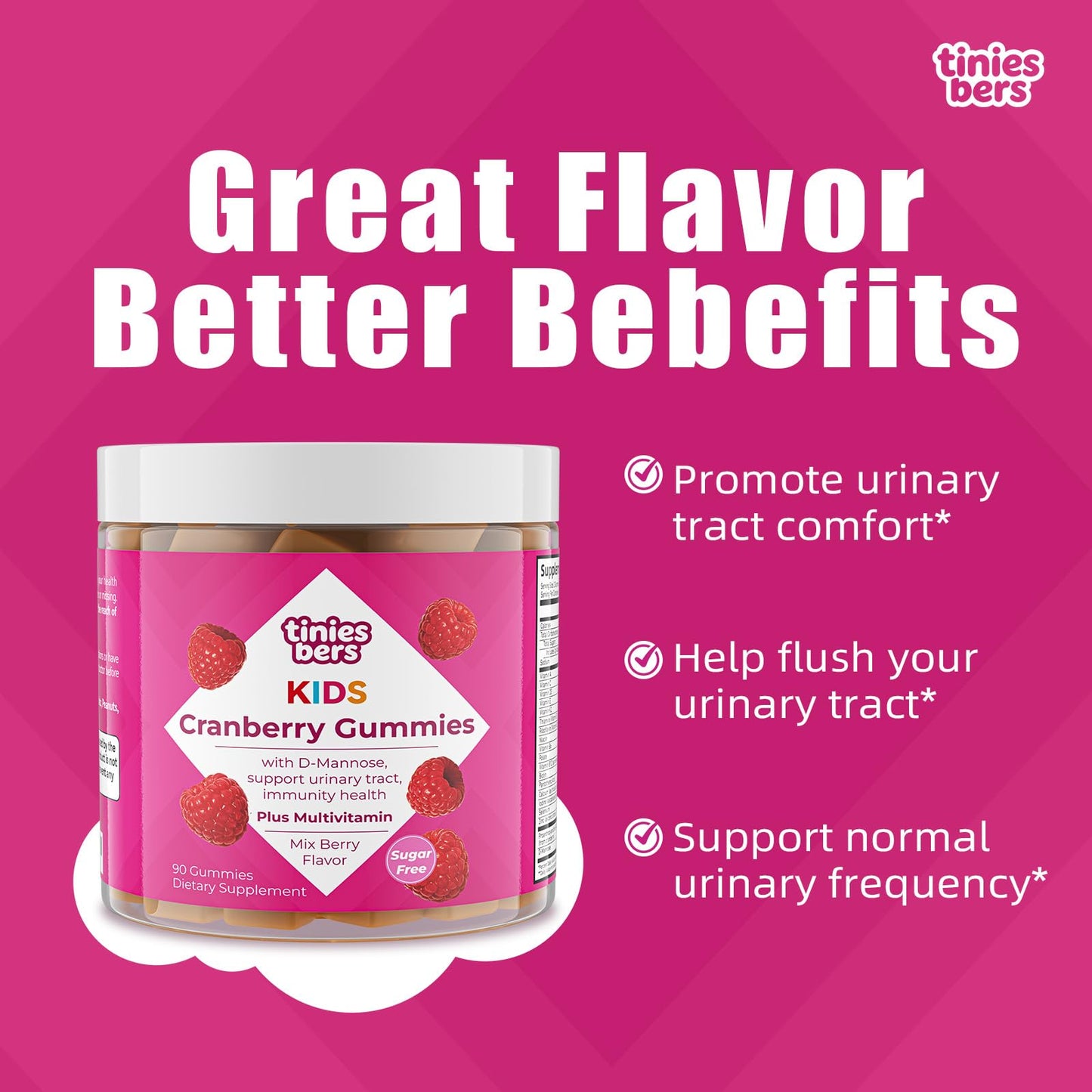 Tinies bers Cranberry Gummies for Kids with D-mannose, Multivitamins, Methyl Vitamin B12, Urinary Tract & Immune Health, Daily Support, Vegan, Sugar Free, Pectin, Berry, 90 Gummies