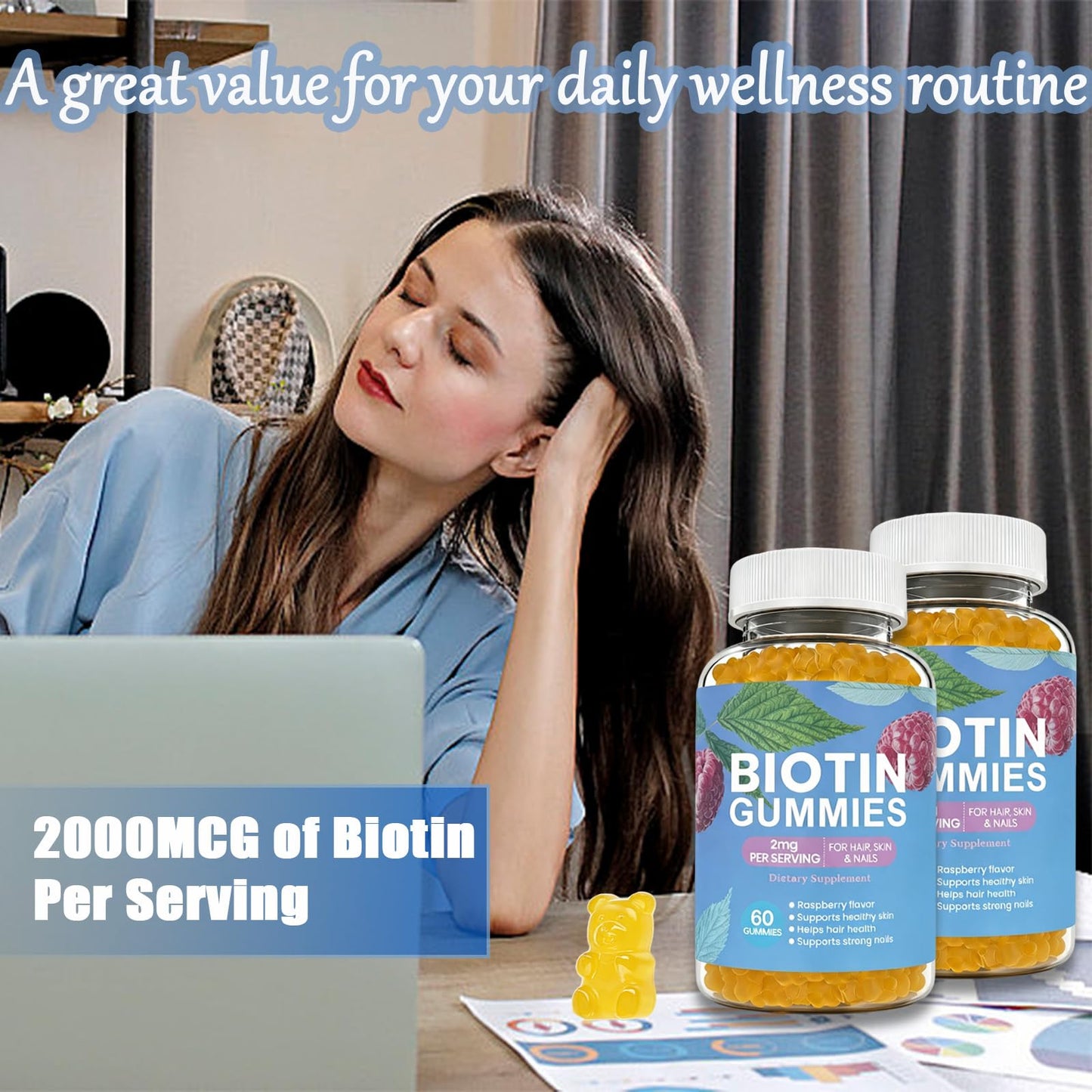 Dyeazirn Hair Growth Biotin Gummies 2000mcg, Raspberry Flavor, 120 Gummies