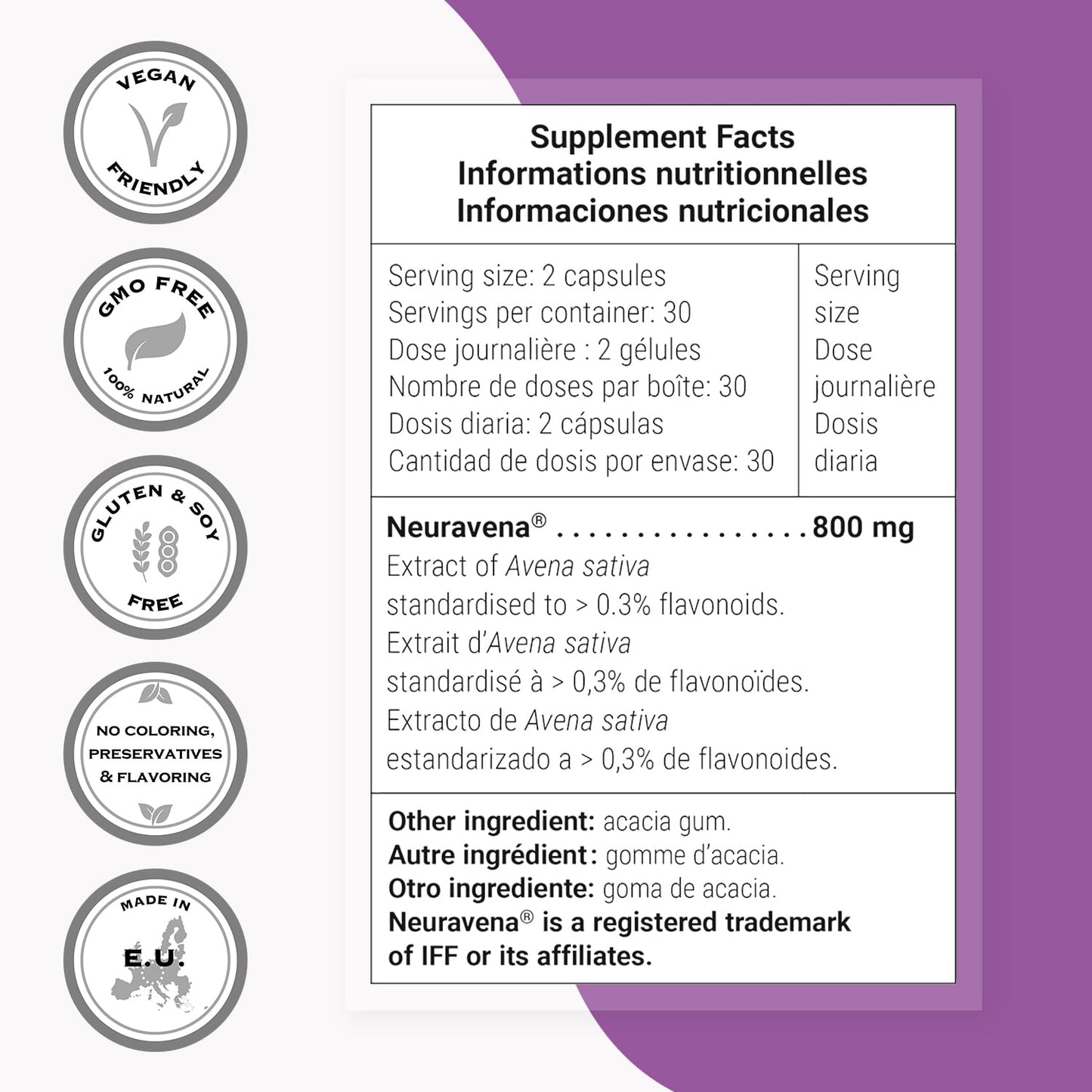 Supersmart Natural Dopamine Support 800 mg Per Day - Neuravena Extract of Avena Sativa Standardized to 0.3% Isovitexin - Brain Supplement, Non-GMO & Gluten Free, 60 Vegetarian Capsules