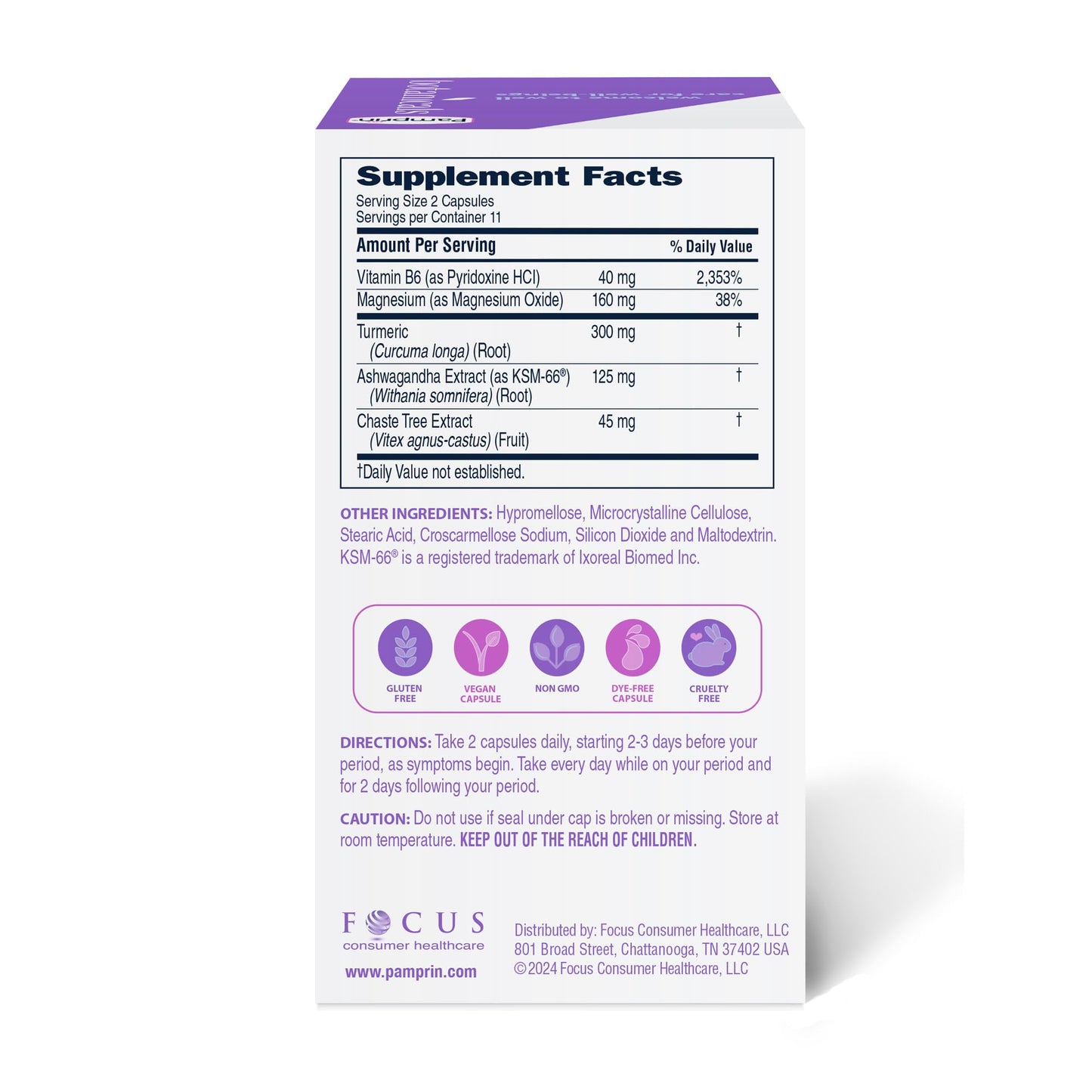 Pamprin Botanicals Supplement for PMS & Period Support, with Ashwagandha, Magnesium, Turmeric, Vitamin B6, Chasteberry Capsules, 22 Count