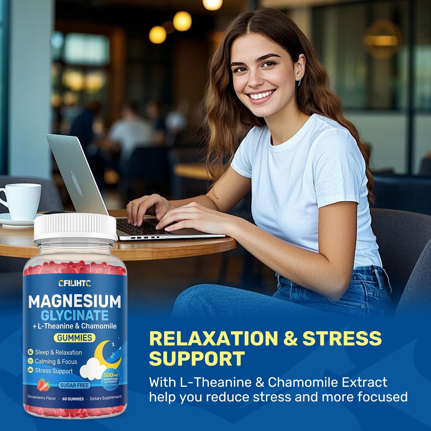 CFILIHTC Magnesium Glycinate Gummies with L-Theanine & Chamomile 500mg, Strawberry Flavor, 60 Count