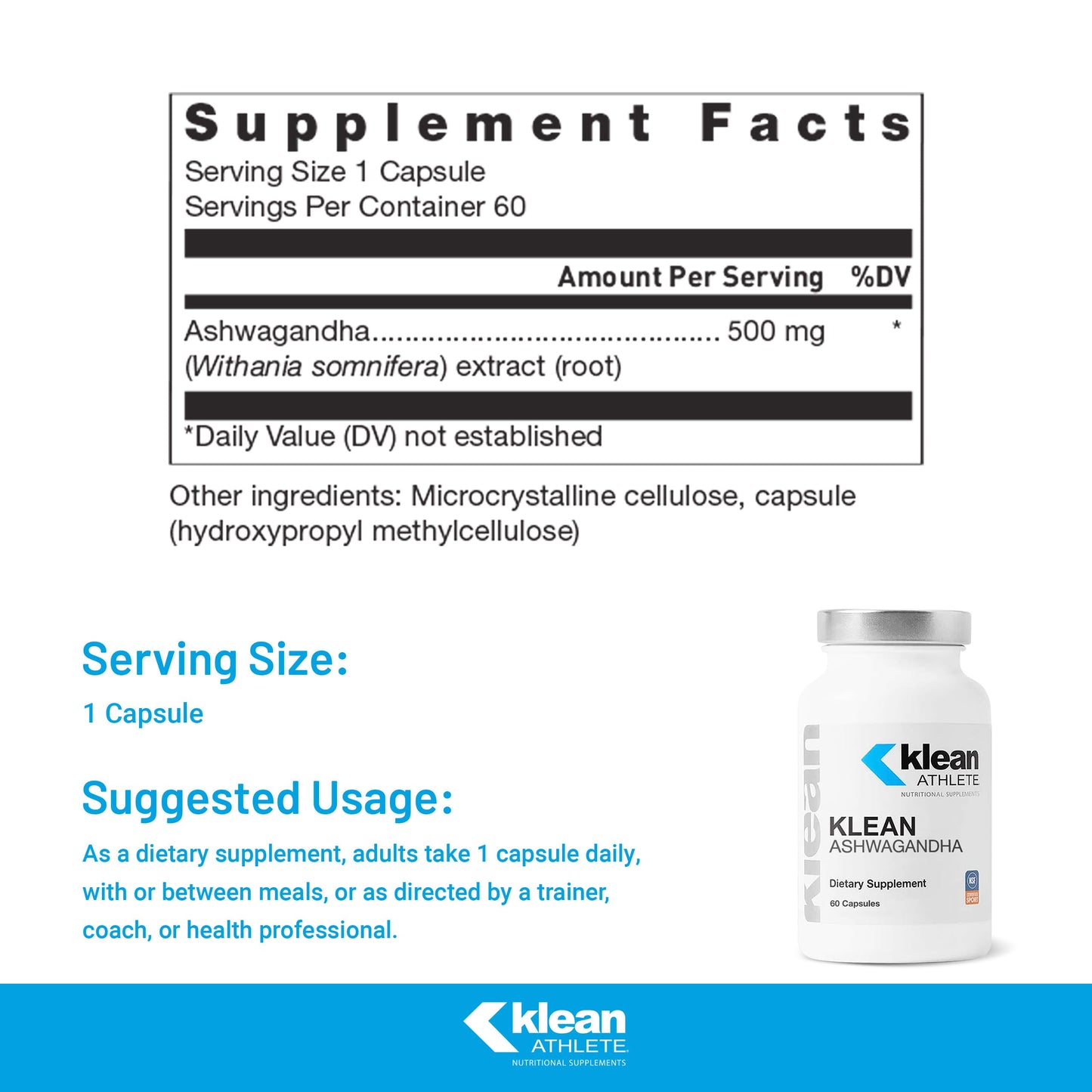 Klean Athlete Klean Ashwagandha - for Occasional Stress - Supports Adaptations to Training* - Adaptogen Blend - Vegan & Non GMO, 60 Capsules